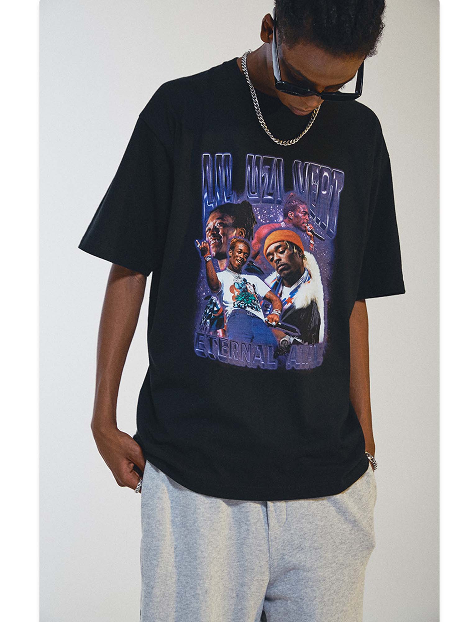 Maglietta a maniche corte in cotone con stampa cantante hip hop di Justnotag