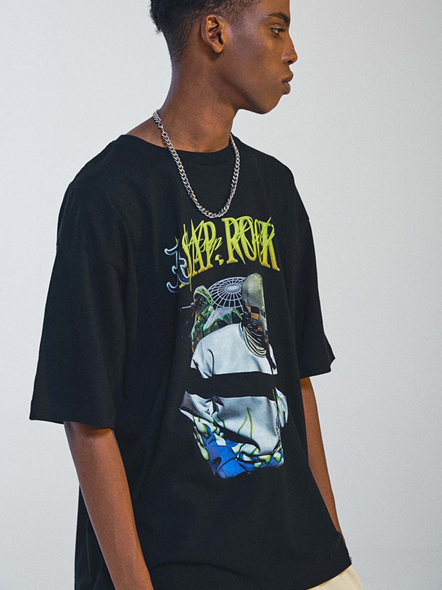 Maglietta a maniche corte in cotone con stampa rapper hip-hop di Justnotag