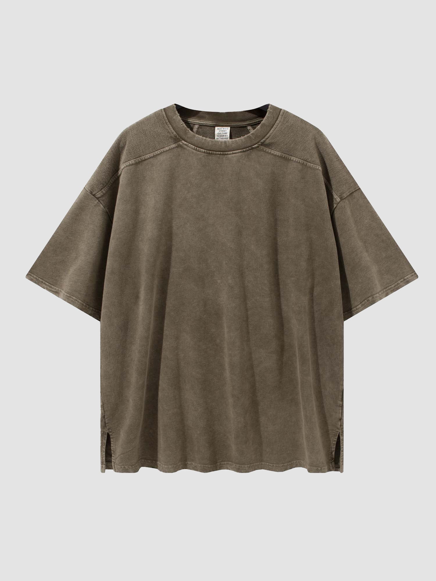 JUSTNOTAG Slit Vintage Kurzarm-T-Shirt aus 100 % Baumwolle – DarkKhaki Wash
