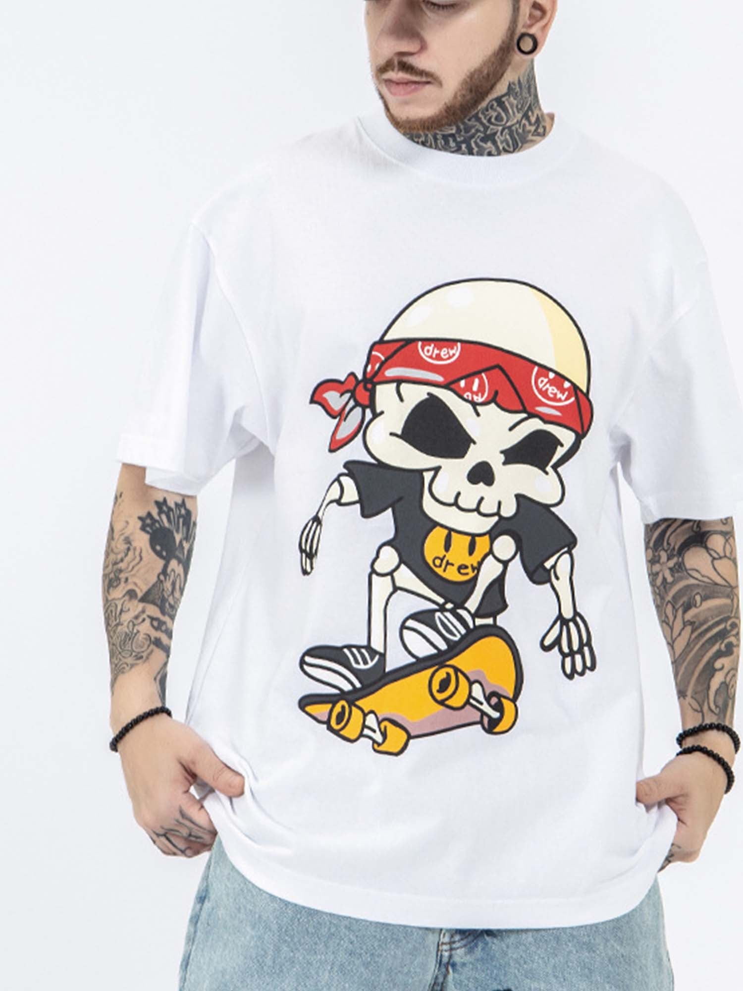 JUSTNOTAG Skateboard Skeleton Boy Print Cotton Short Sleeve Tee