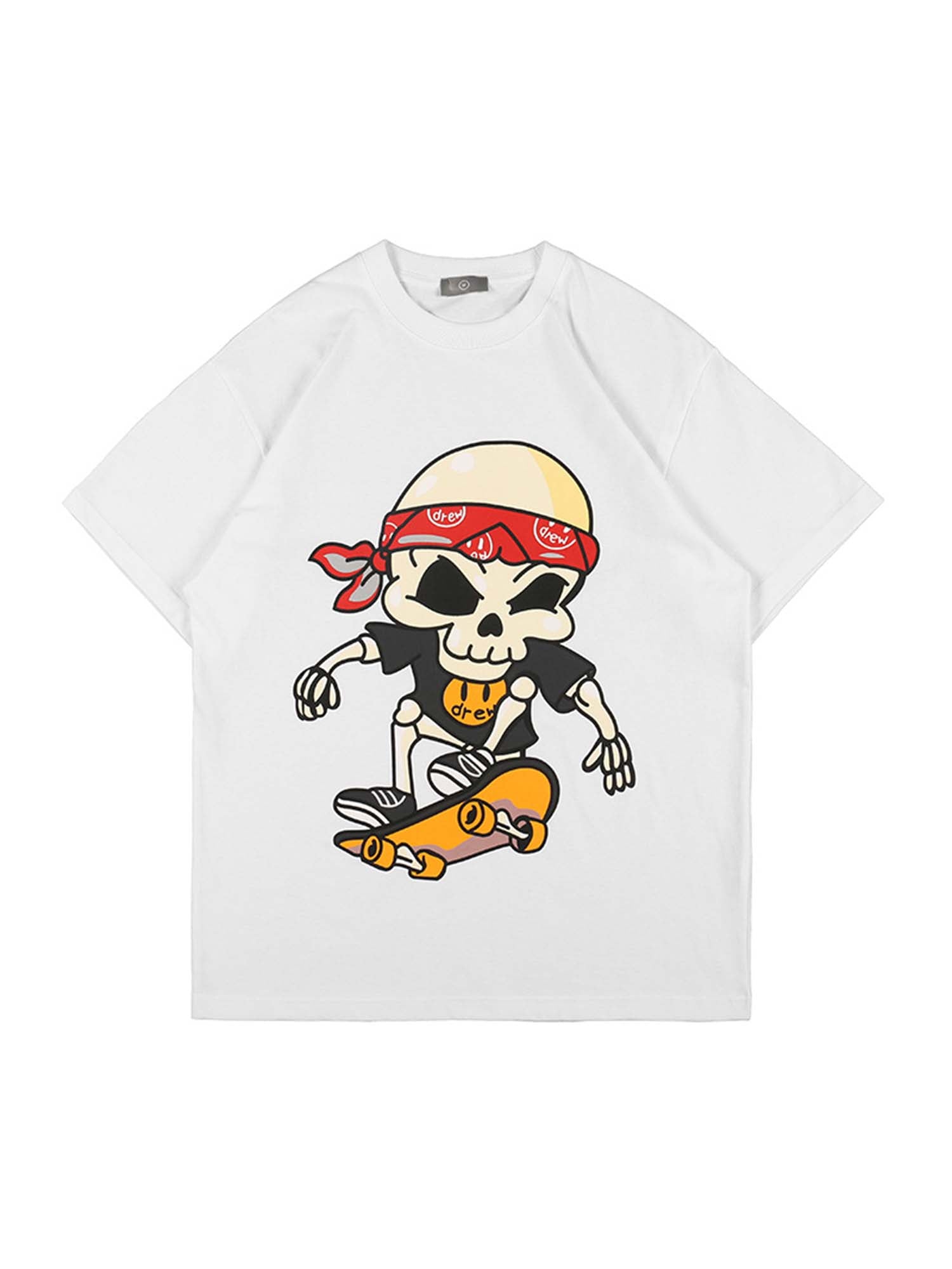 JUSTNOTAG Skateboard Skeleton Boy Print Cotton Short Sleeve Tee