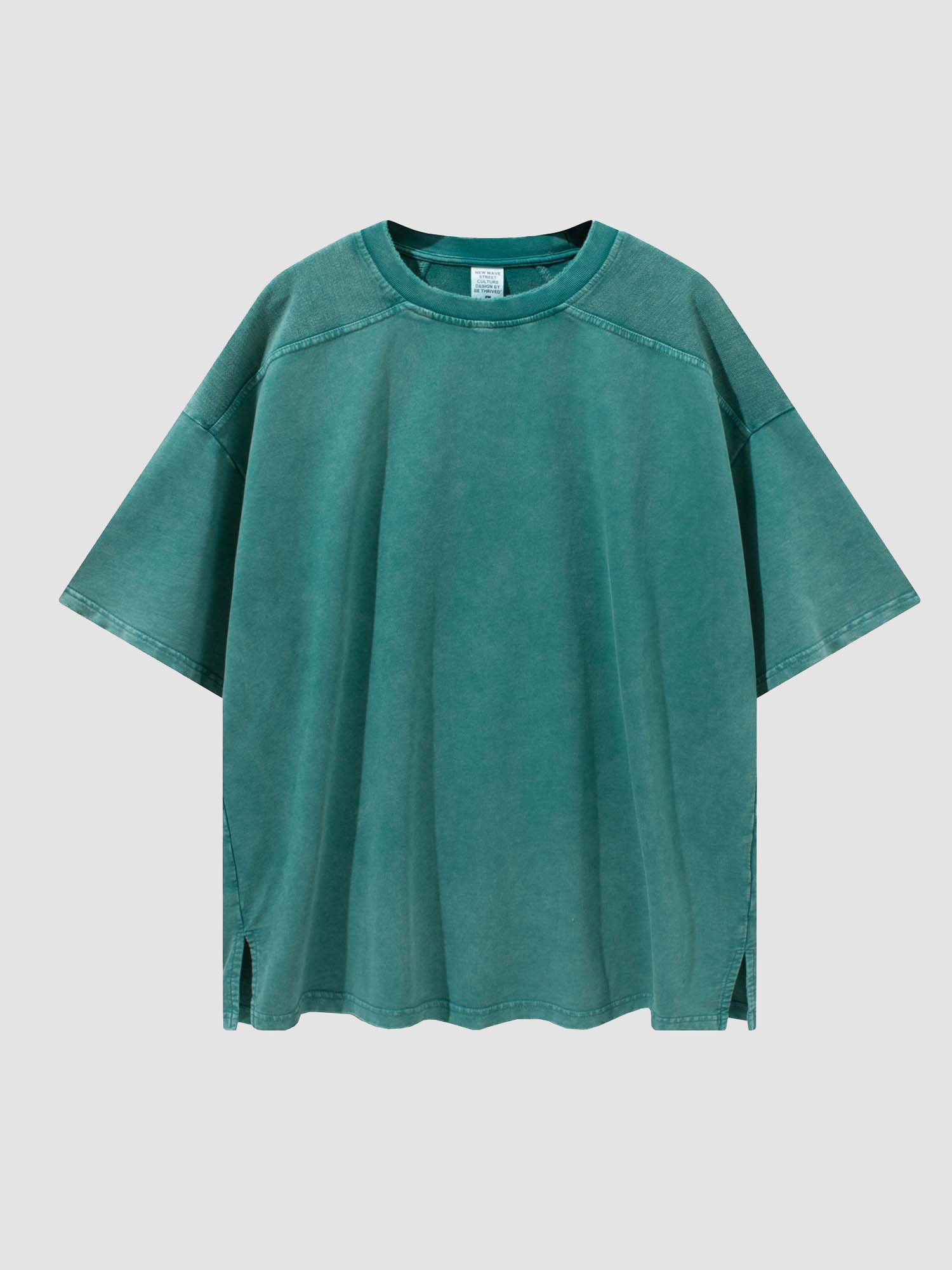 JUSTNOTAG Slit Vintage Kurzarm-T-Shirt aus 100 % Baumwolle – Blaugrüne Waschung