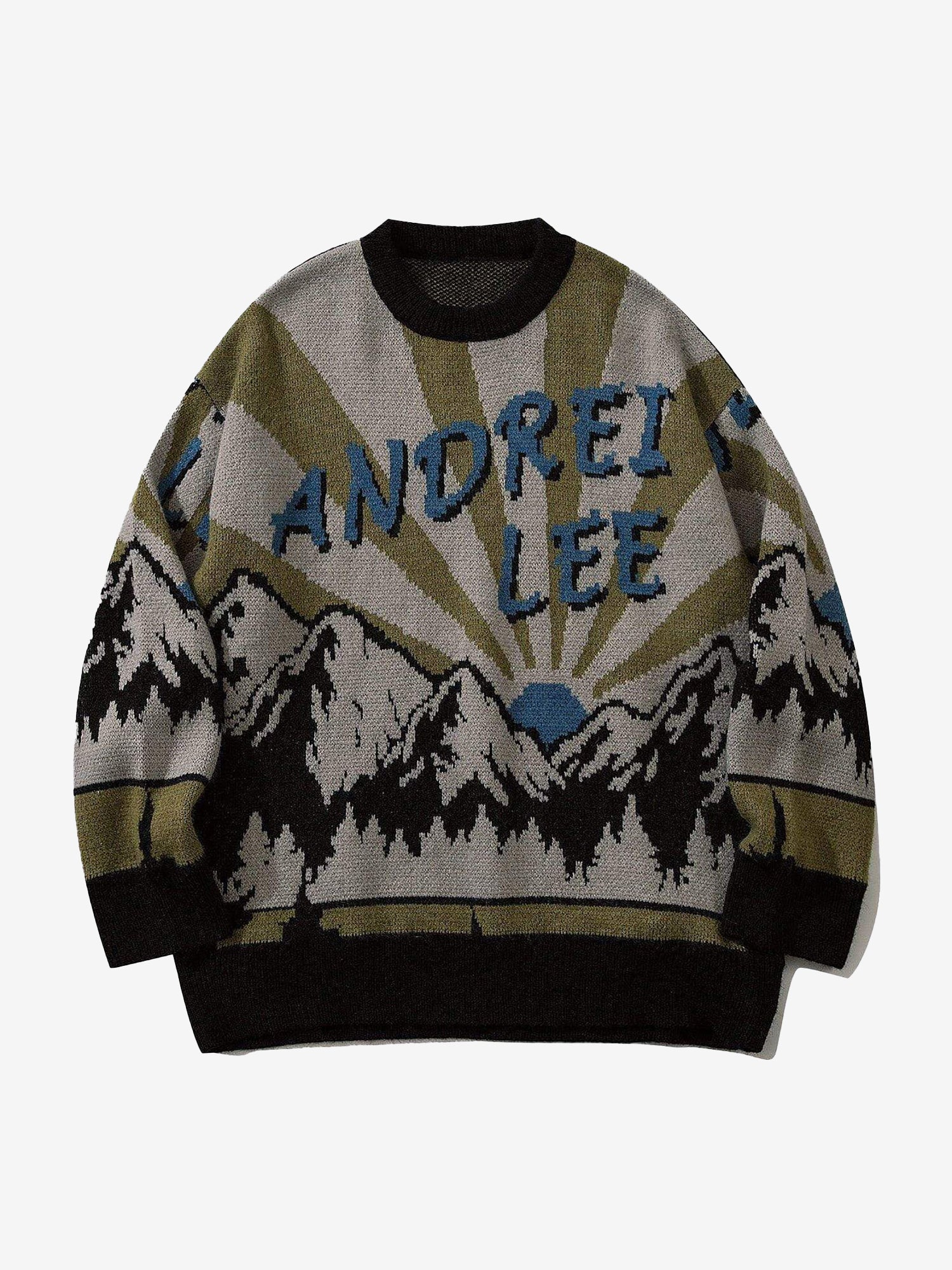 JUSTNOTAG Vintage Alphabet Mountain Pattern Sweater