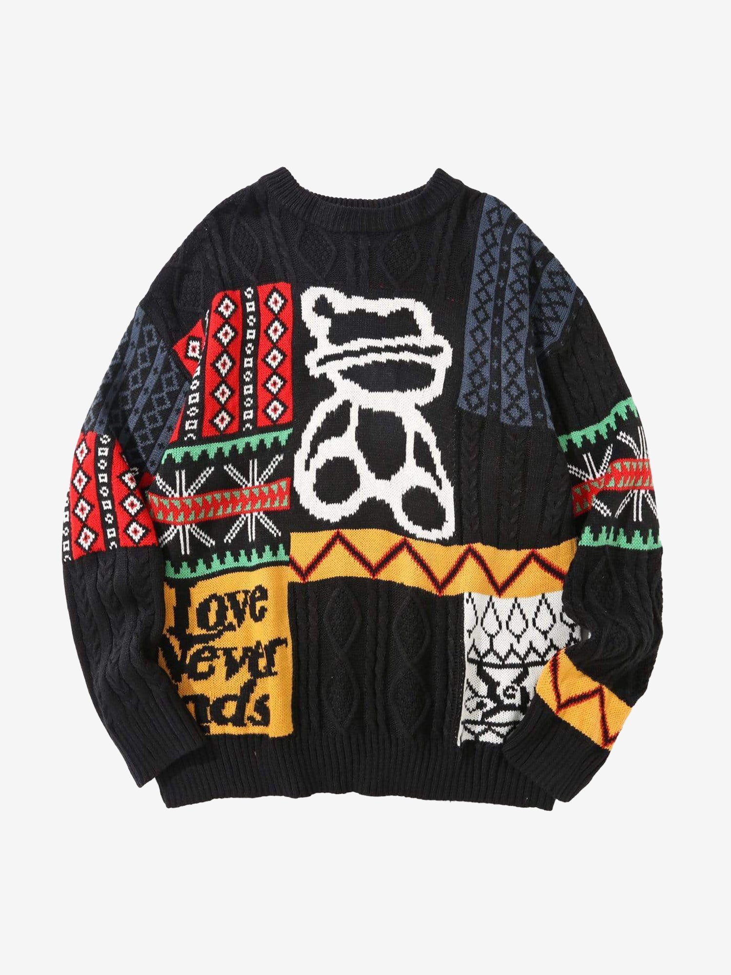 JUSTNOTAG Vintage Color Block Geometric Bear Knitted Sweater