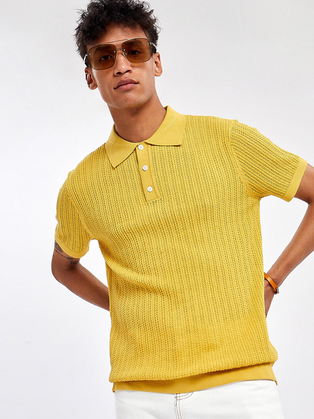 Plain Casual Viscose Yellow Polo Tops for men's