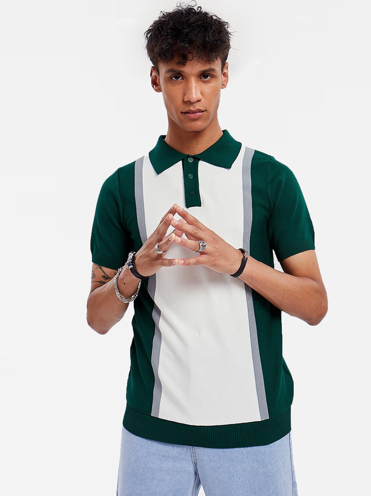Casual Colorblock Viscose Green Polo Tops for men's