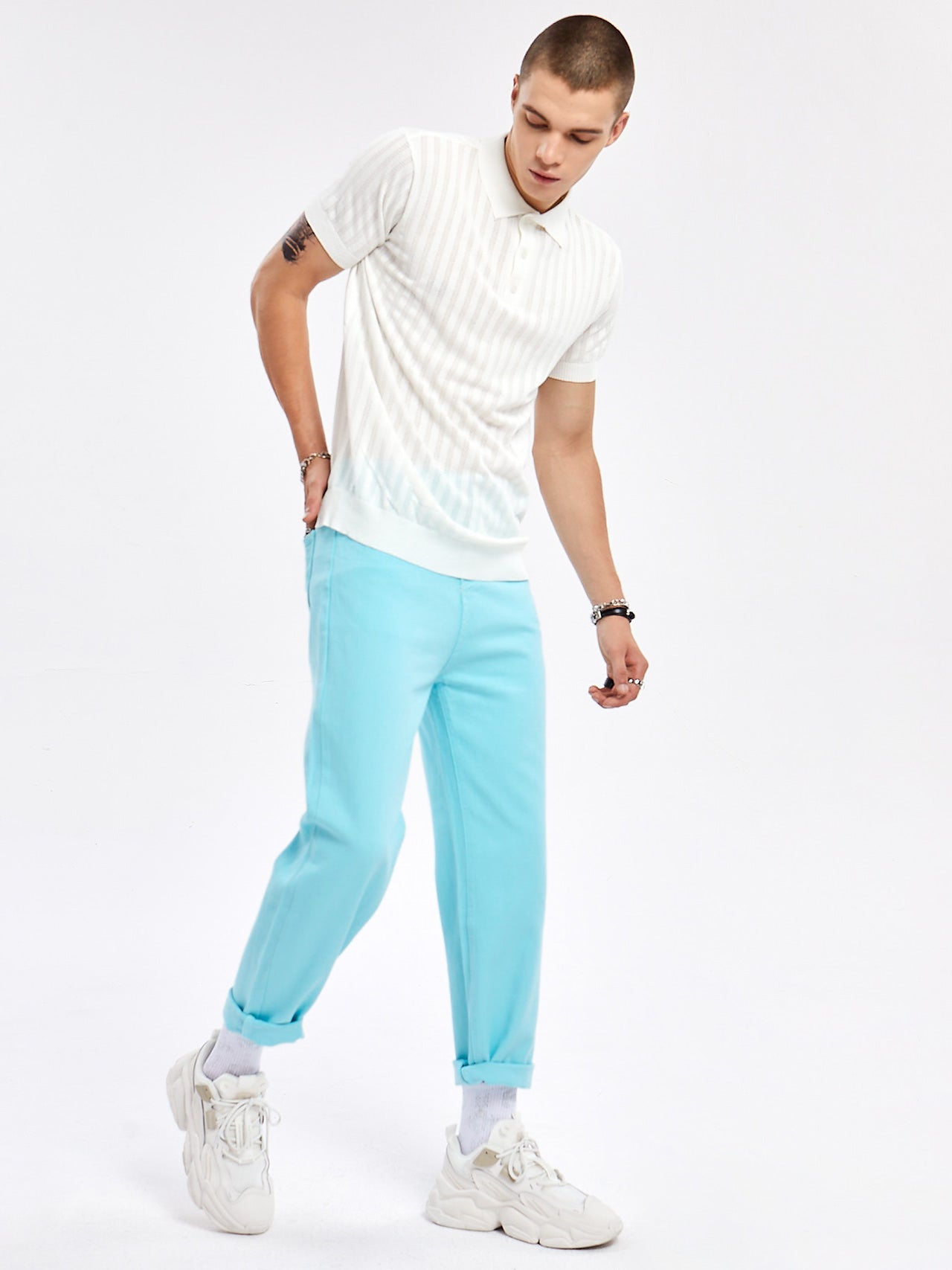 JUSTNOTAG Casual Plain Knitted White Polo Tops