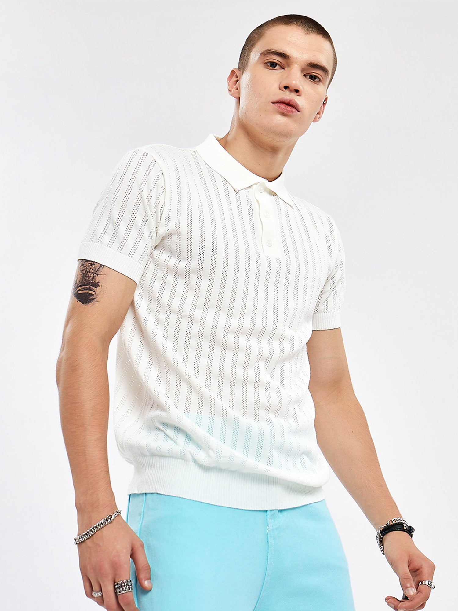 JUSTNOTAG Casual Plain Knitted White Polo Tops