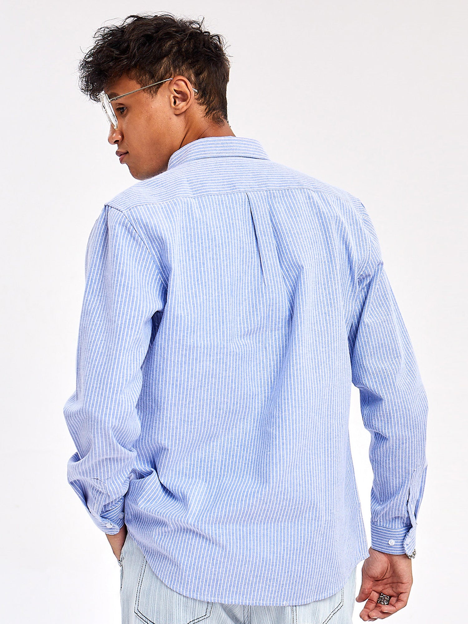 JUSTNOTAG Striped Oxford Textile Fabric Turn-down Collar Shirts