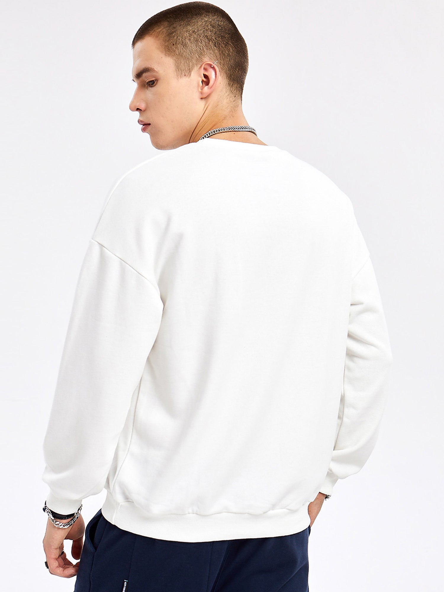 JUSTNOTAG Casual Letter Cotton Round-Neck White Sweatshirts