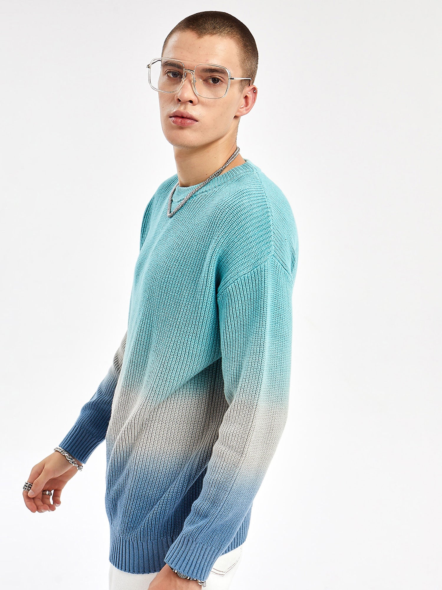 Round-Neck Tie and dye Blue Long-Sleeve Sweaters for men's