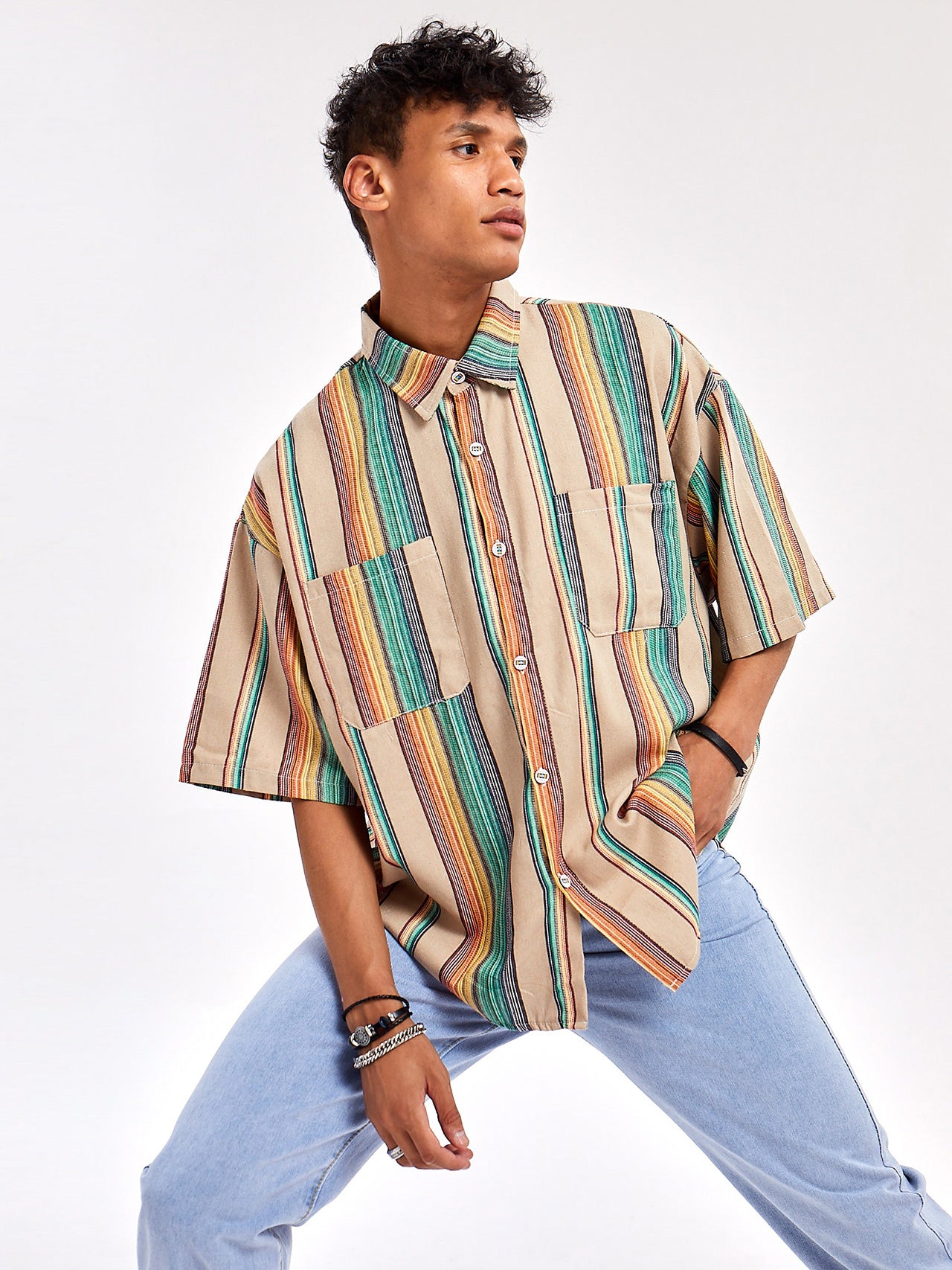 JUSTNOTAG Fashion Casual Striped Colorblock Cotton Turn-down Collar Shirts