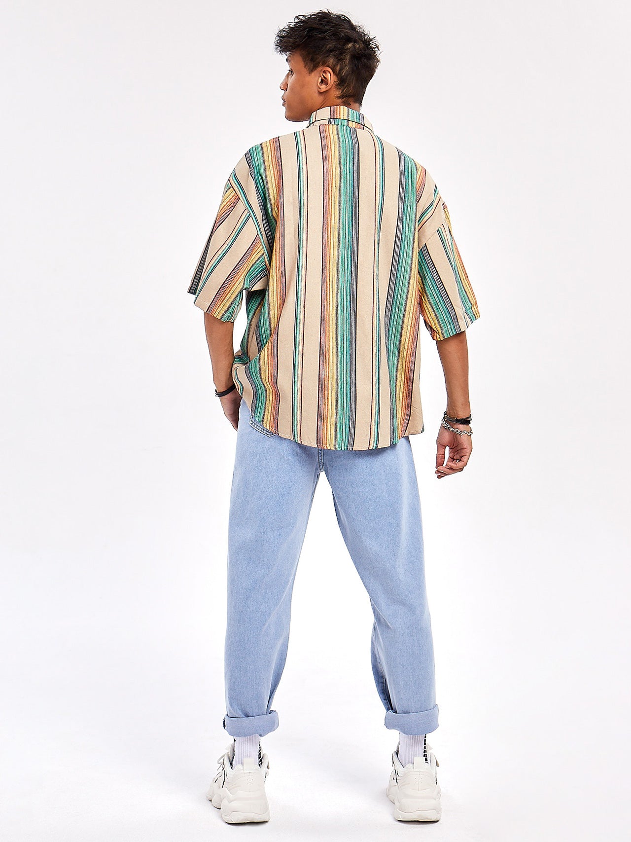 JUSTNOTAG Camicie casual con colletto rovesciato in cotone a righe colorblock alla moda