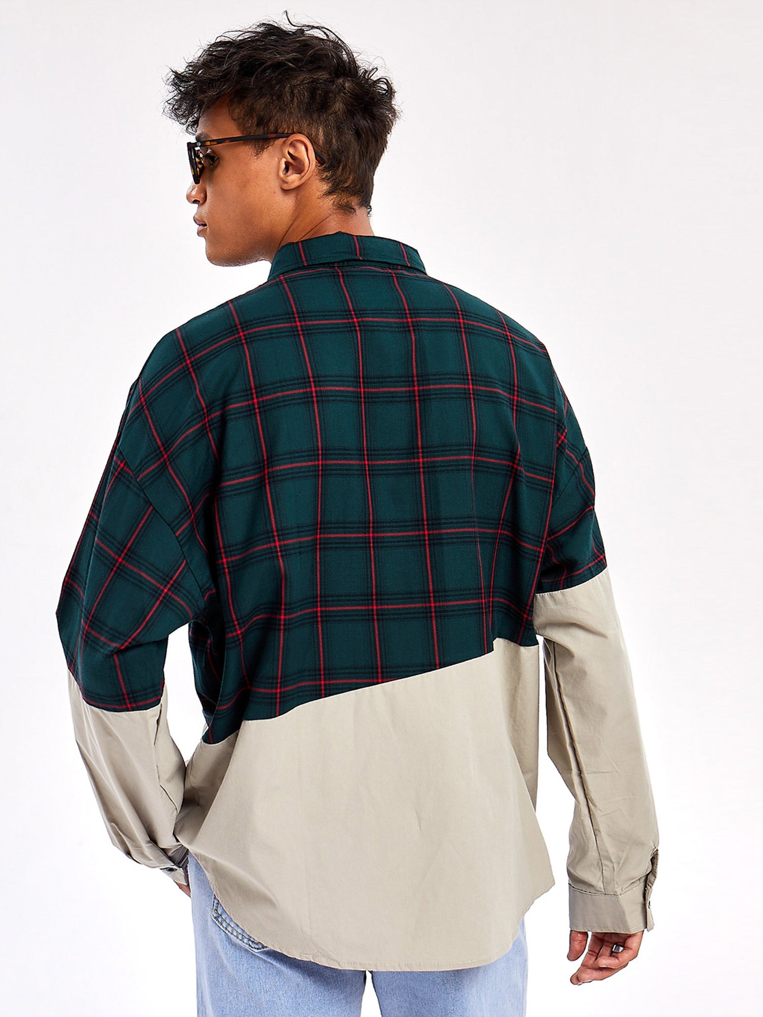JUSTNOTAG Camicie casual con colletto rovesciato in cotone a blocchi di colore scozzese alla moda