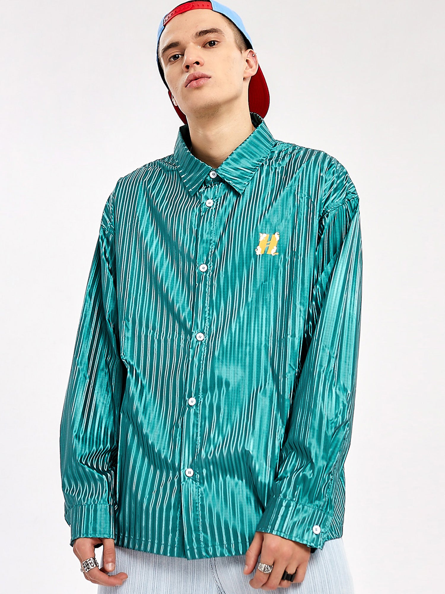 JUSTNOTAG Street Fashion Hiphop Striped Polyester Turn-down Collar Green Shirts