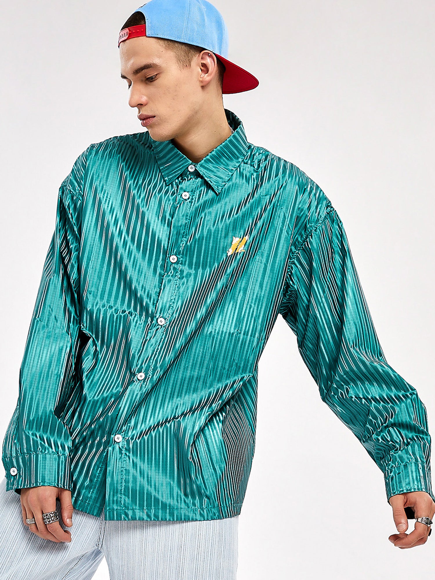 JUSTNOTAG Street Fashion Hiphop Rayé Polyester Col Rabattu Chemises Vertes
