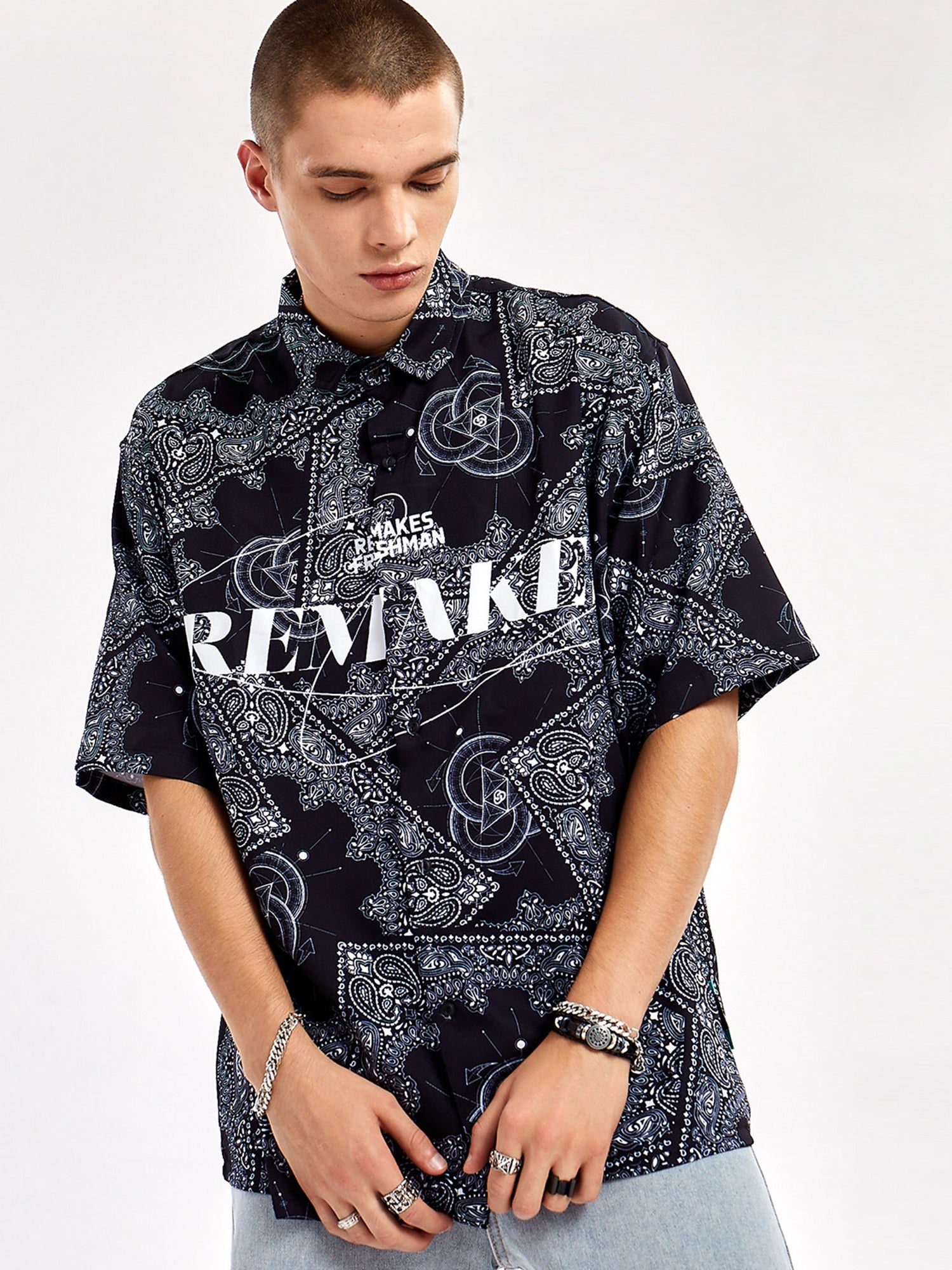 Print Polyester Turn-down Collar Shirts for men's