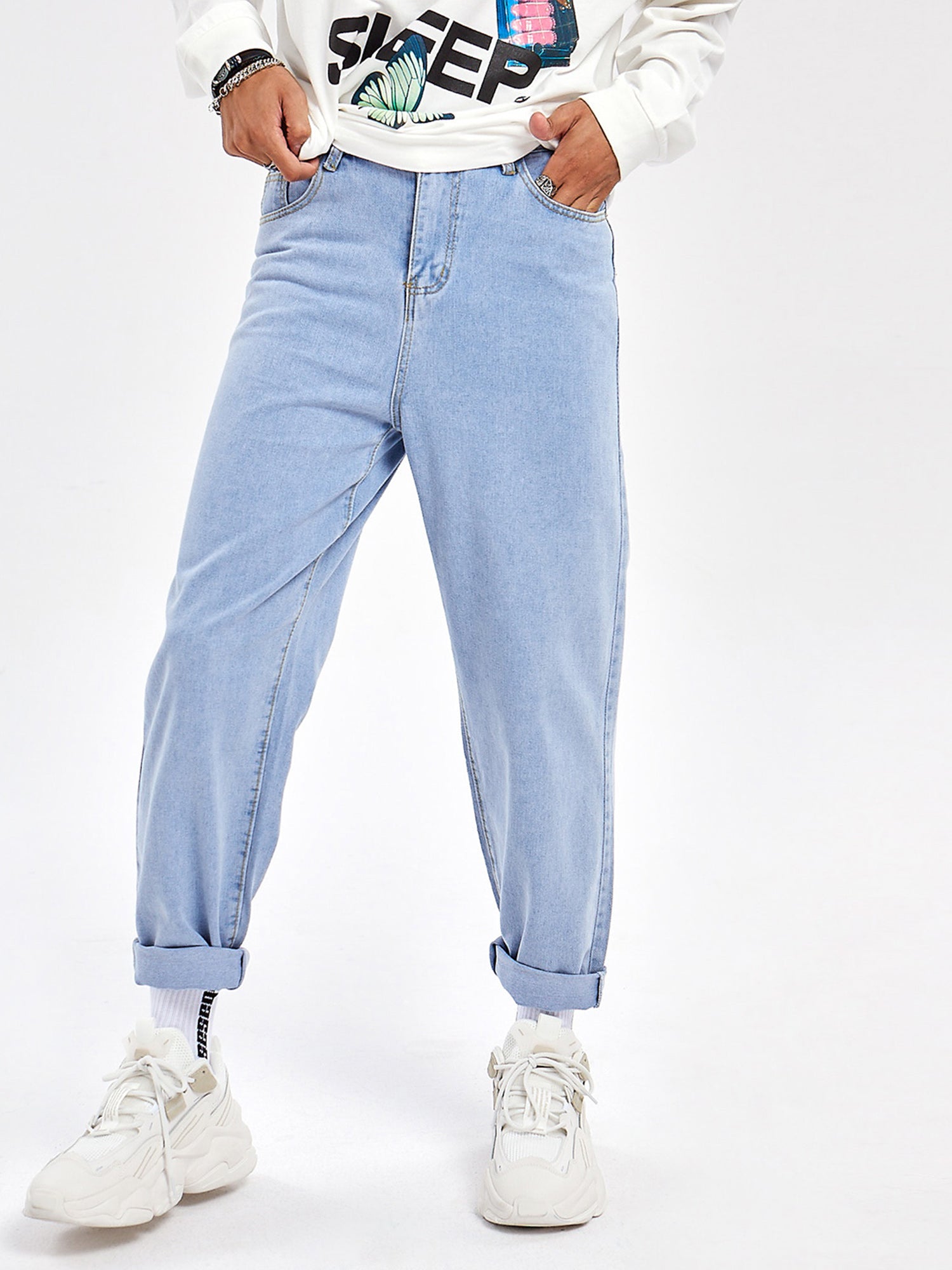 JUSTNOTAG Casual Street HipHop Print Hellblaue lange lockere Jeans
