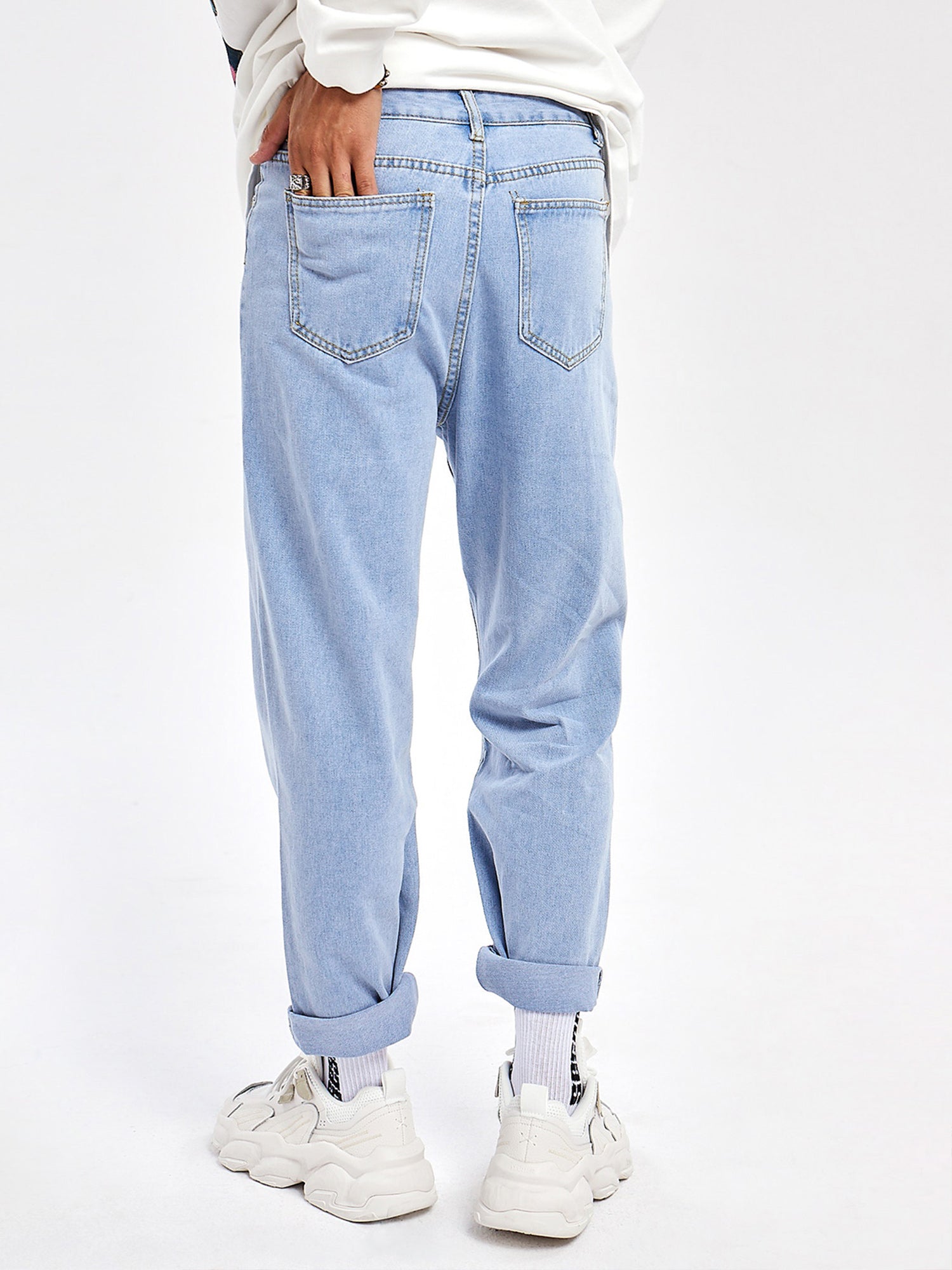 JUSTNOTAG Jeans larghi e lunghi azzurri con stampa HipHop da strada casual