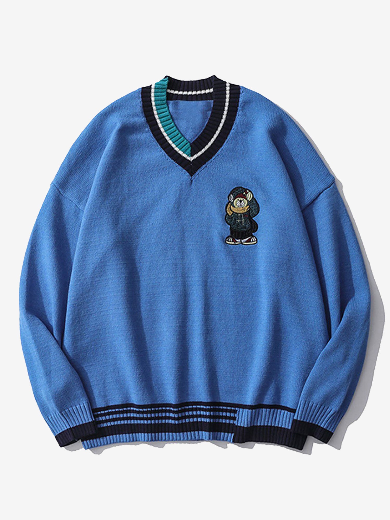 JUSTNOTAG Vintage Bear Embroidered V-neck Sweater