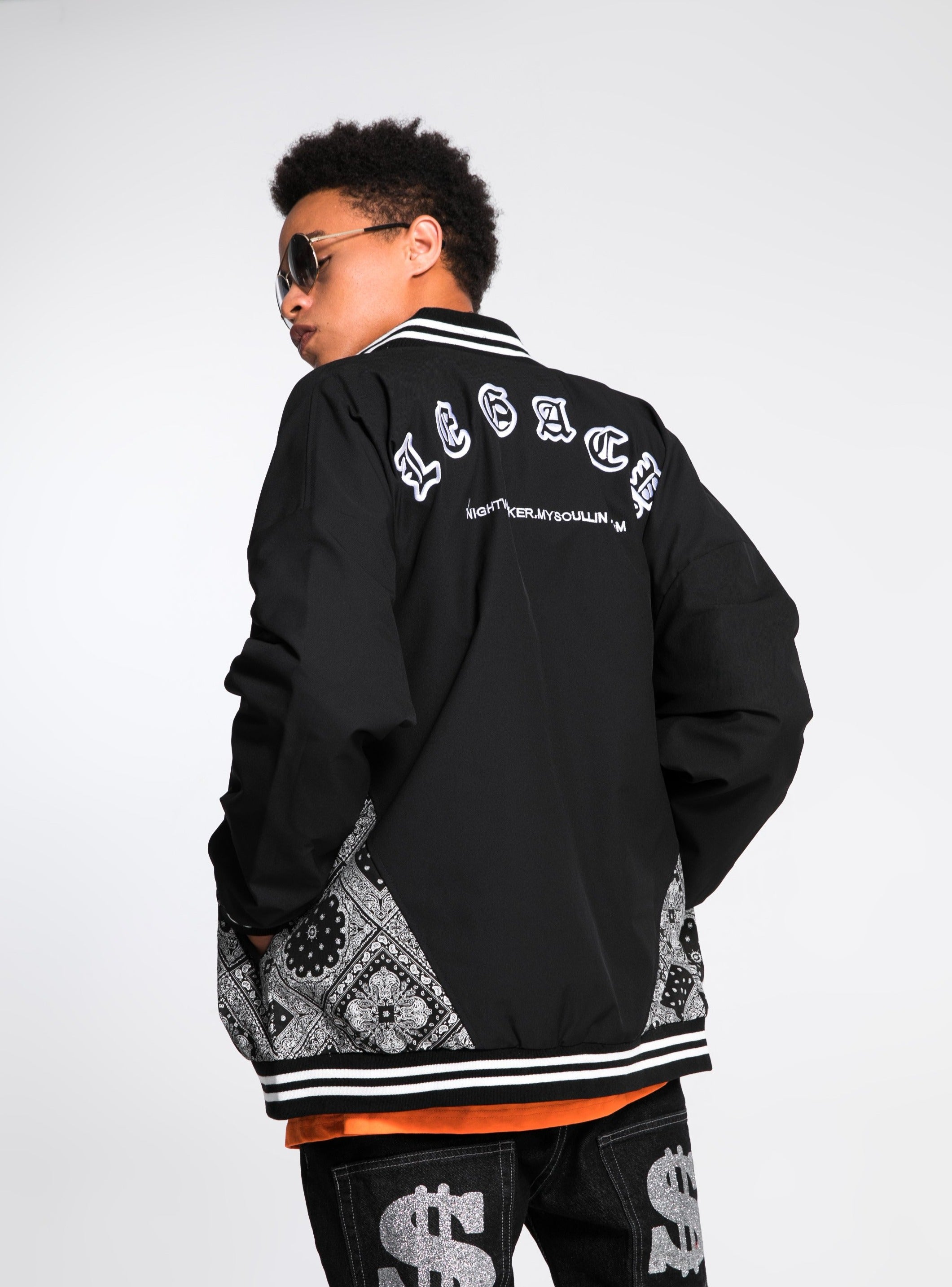 JUSTNOTAG Bandanna Embroidery  Lightweight Varsity Jacket