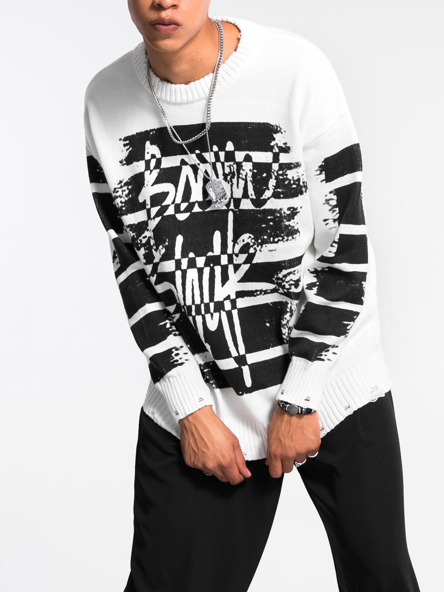 JUSTNOTAG Hiphop Letter Cotton Round Neck Sweaters