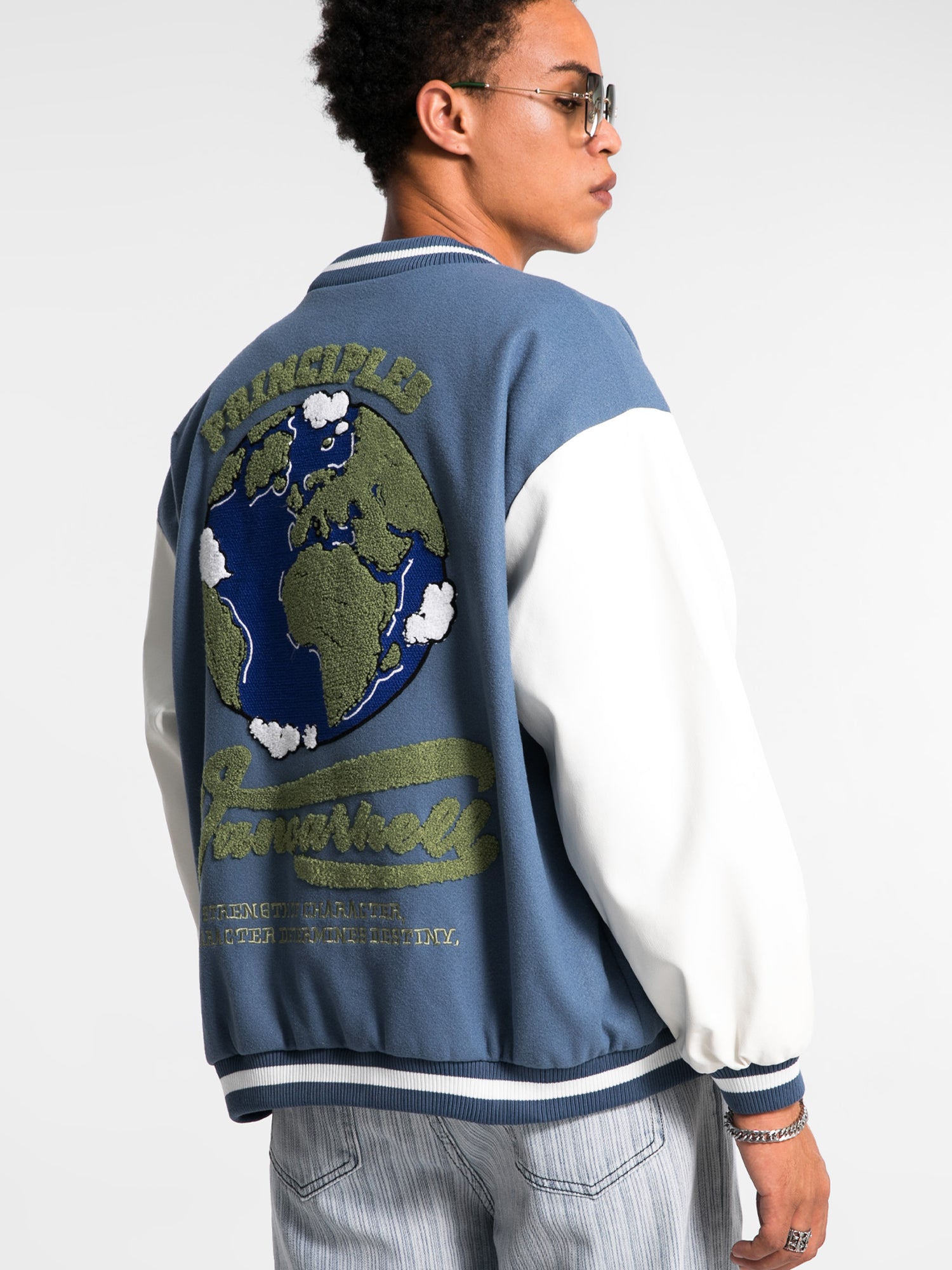 JUSTNOTAG Embroidery Earth Patchwork Varsity Jacket