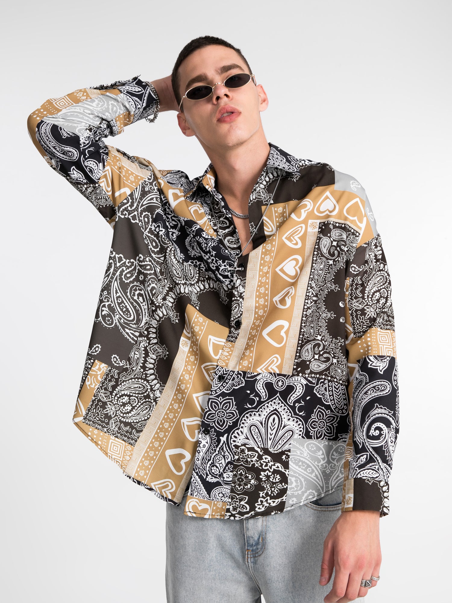 JUSTNOTAG Hip-Hop Print Polyester Turn-down Collar Shirt