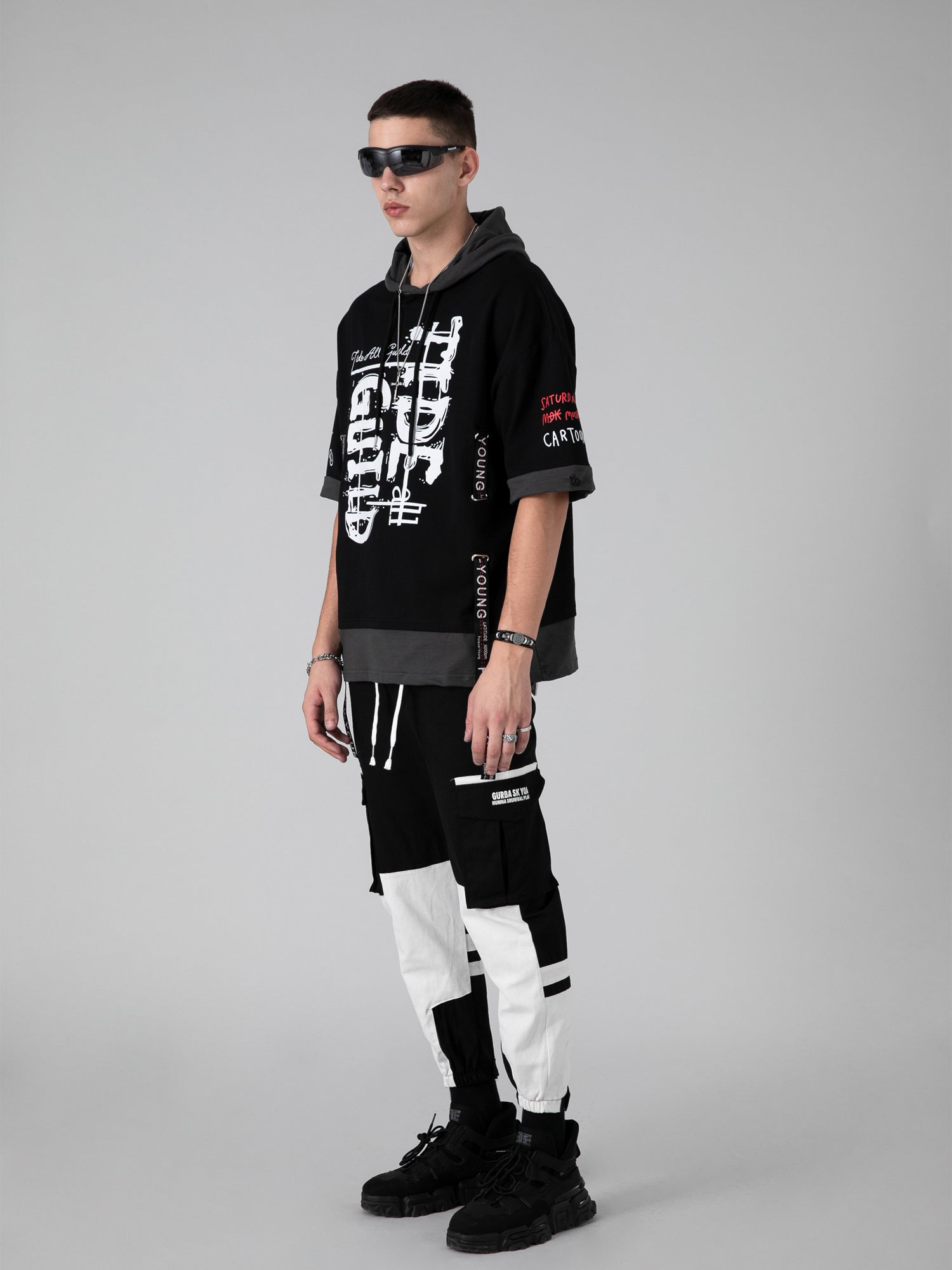 JUSTNOTAG Trendy marque hip-hop à capuche pull à manches courtes personnalité masculine streamer couleur correspondant faux deux pièces