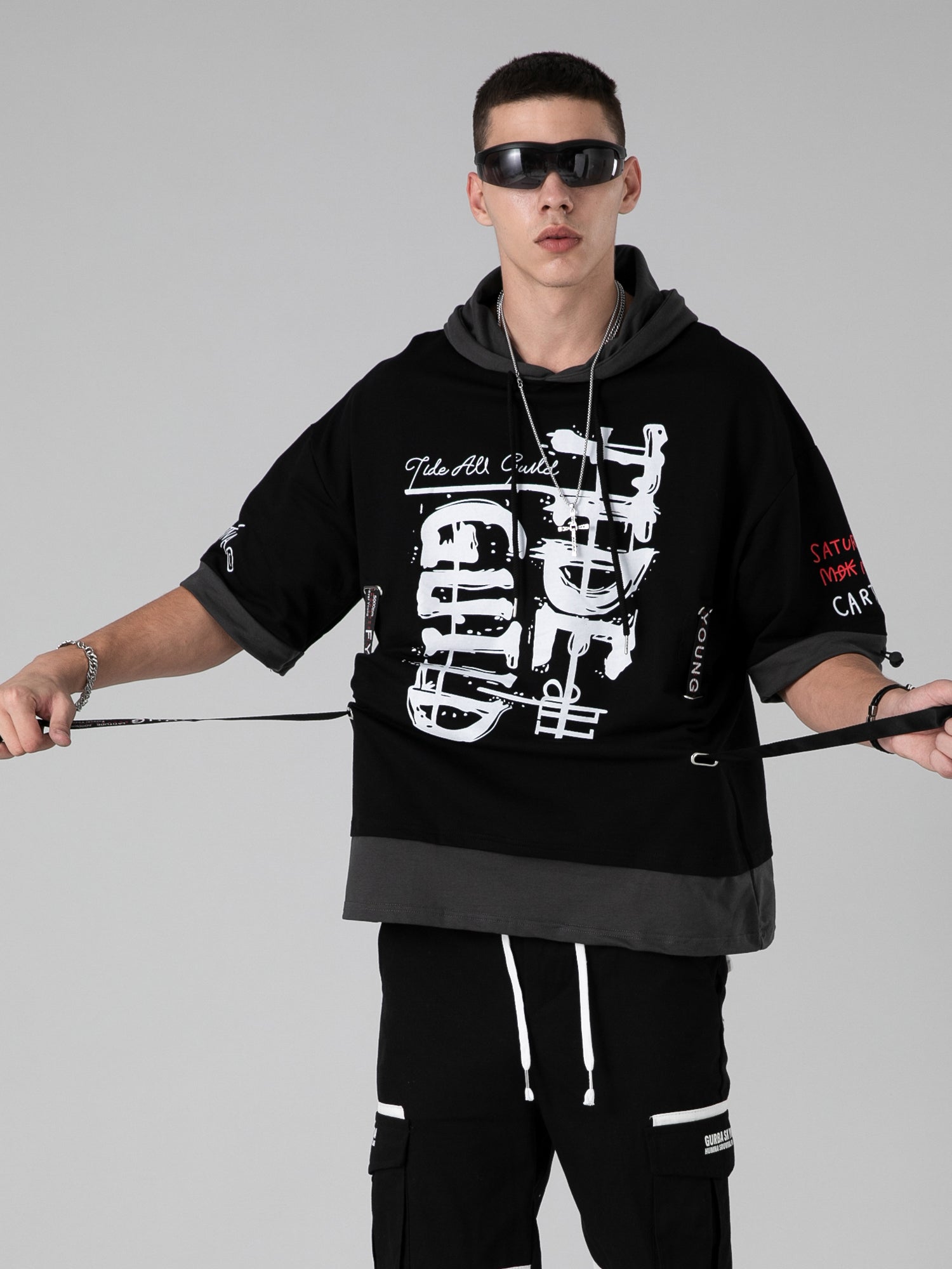 JUSTNOTAG Trendy marchio hip-hop maglione a maniche corte con cappuccio personalità maschile streamer colore corrispondente falso in due pezzi