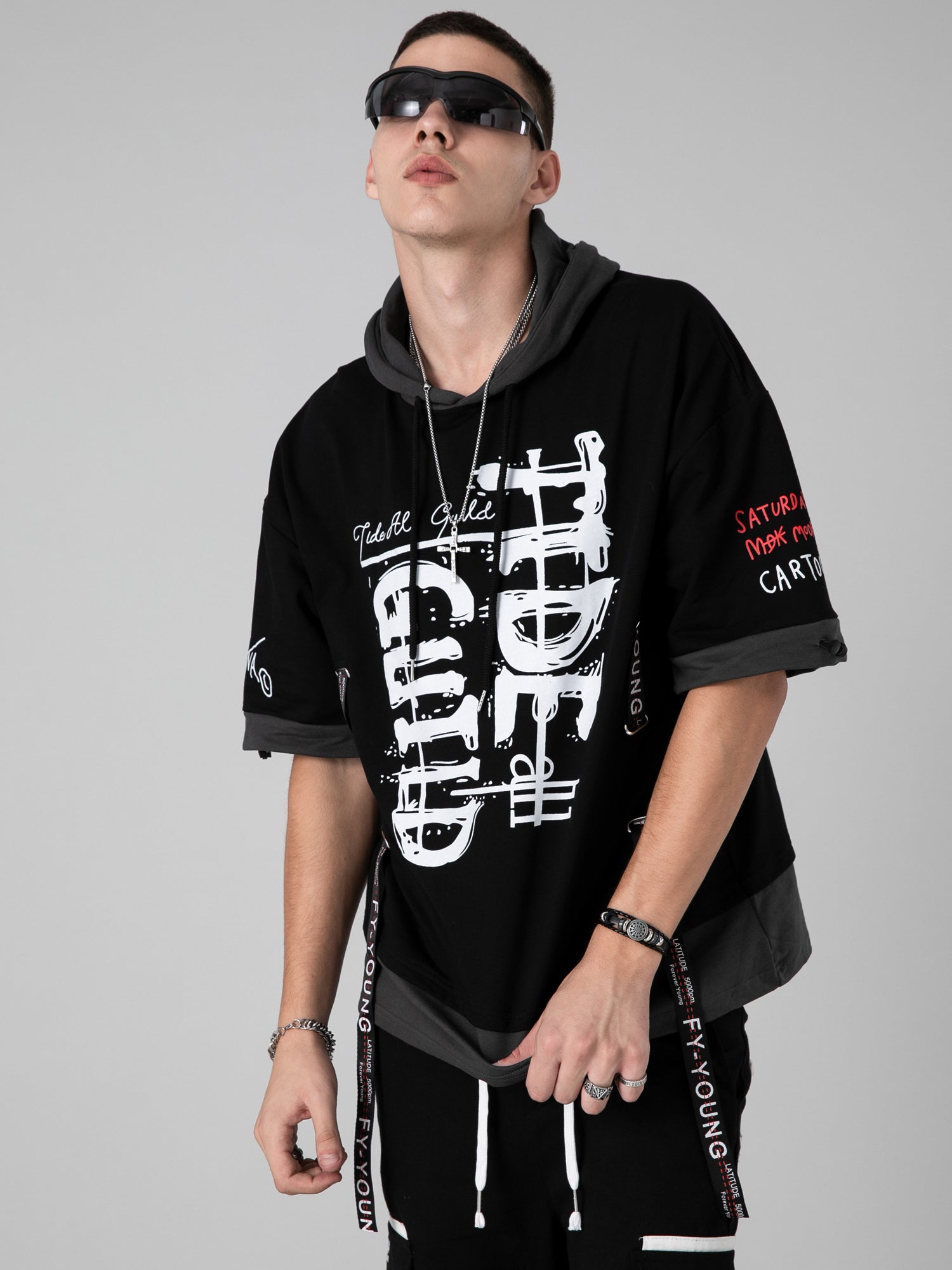 JUSTNOTAG Trendy brand hip-hop hooded short-sleeved sweater male personality streamer color matching fake two-piece