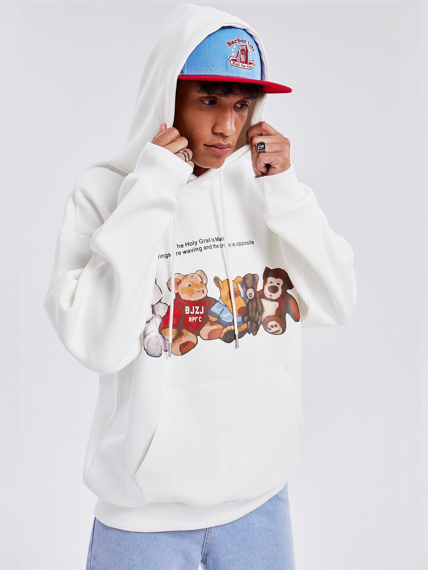JUSTNOTAG Casual Street Cartoon Cotton Hooded White Hoodie