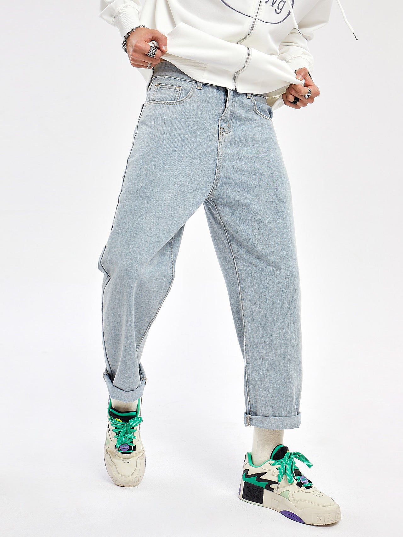 JUSTNOTAG Casual Street HipHop Print LightBlue Long Loose Jeans