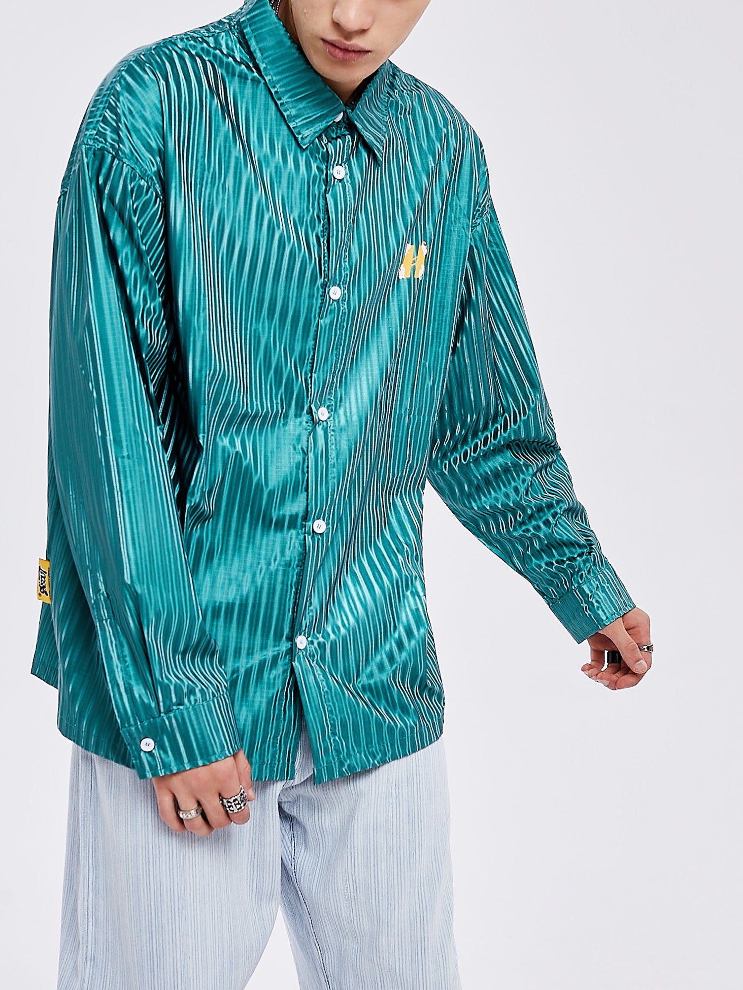 JUSTNOTAG Street Fashion Hiphop Striped Polyester Turn-down Collar Green Shirts
