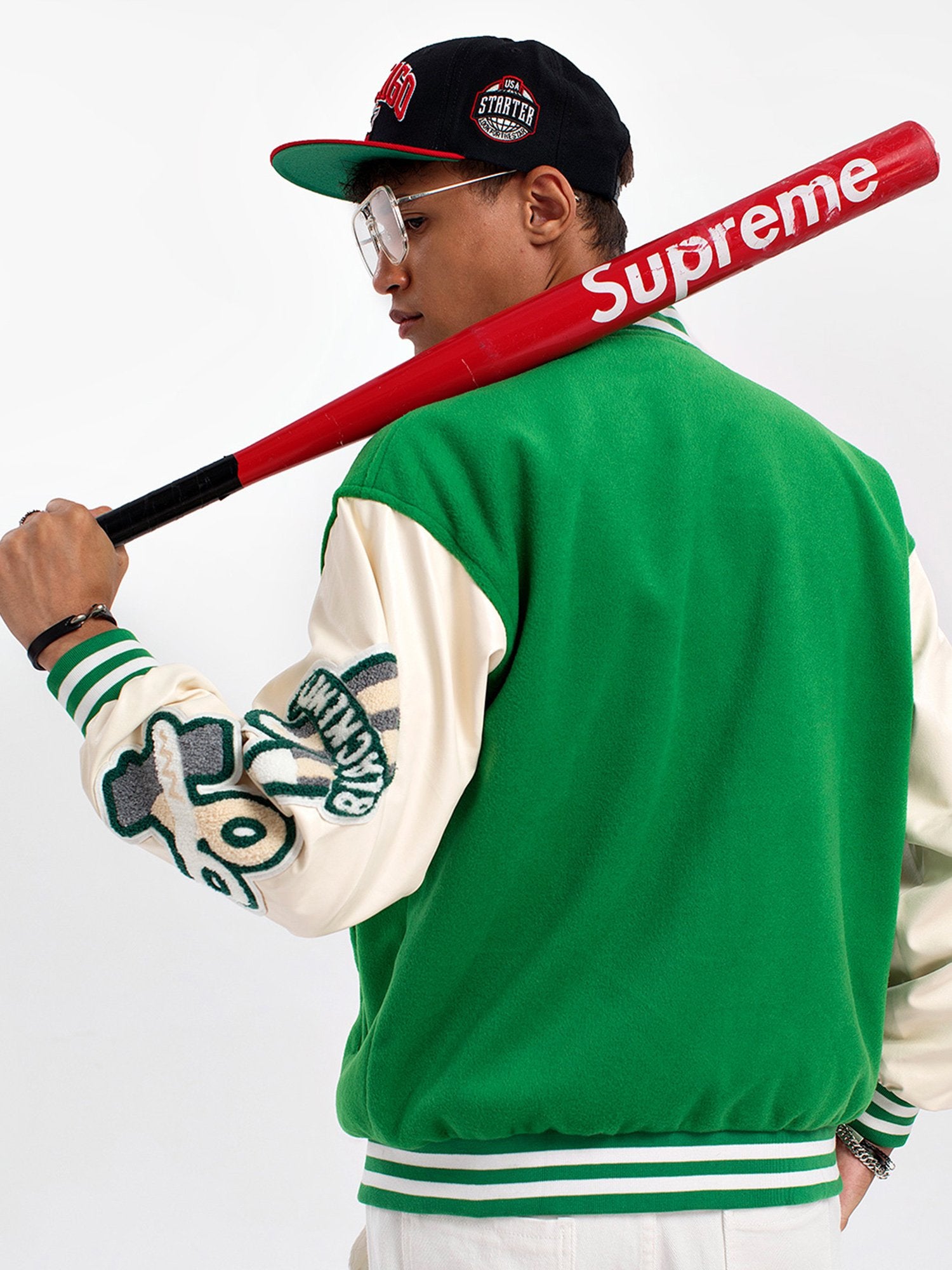 Letter Color block Cotton Baseball Collar Preppy Varsity Jacket For Men's