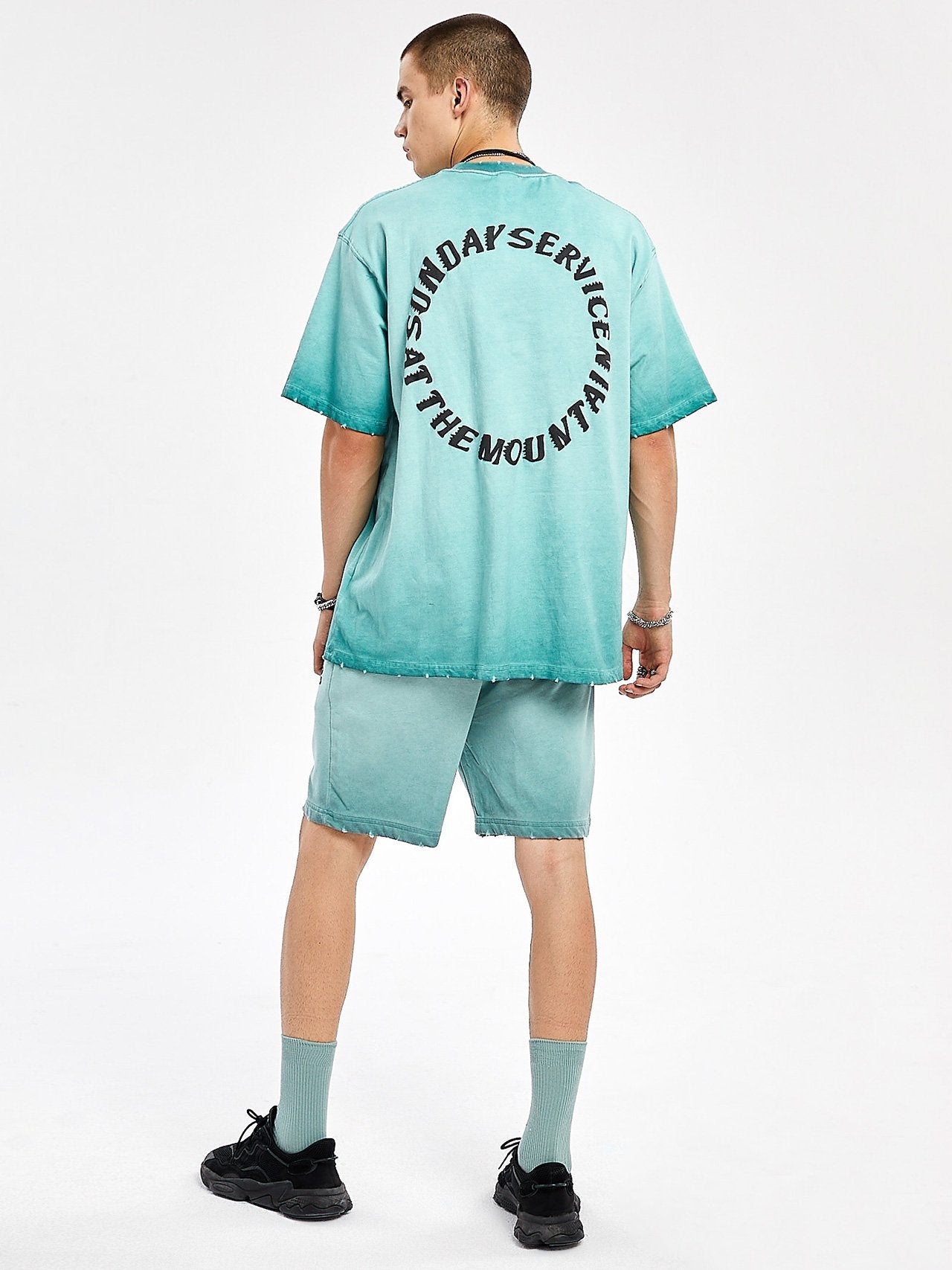Men's Casual Hip-Hop Medium Aquamarine Letter Gradient Cotton Short Two-Piece Set