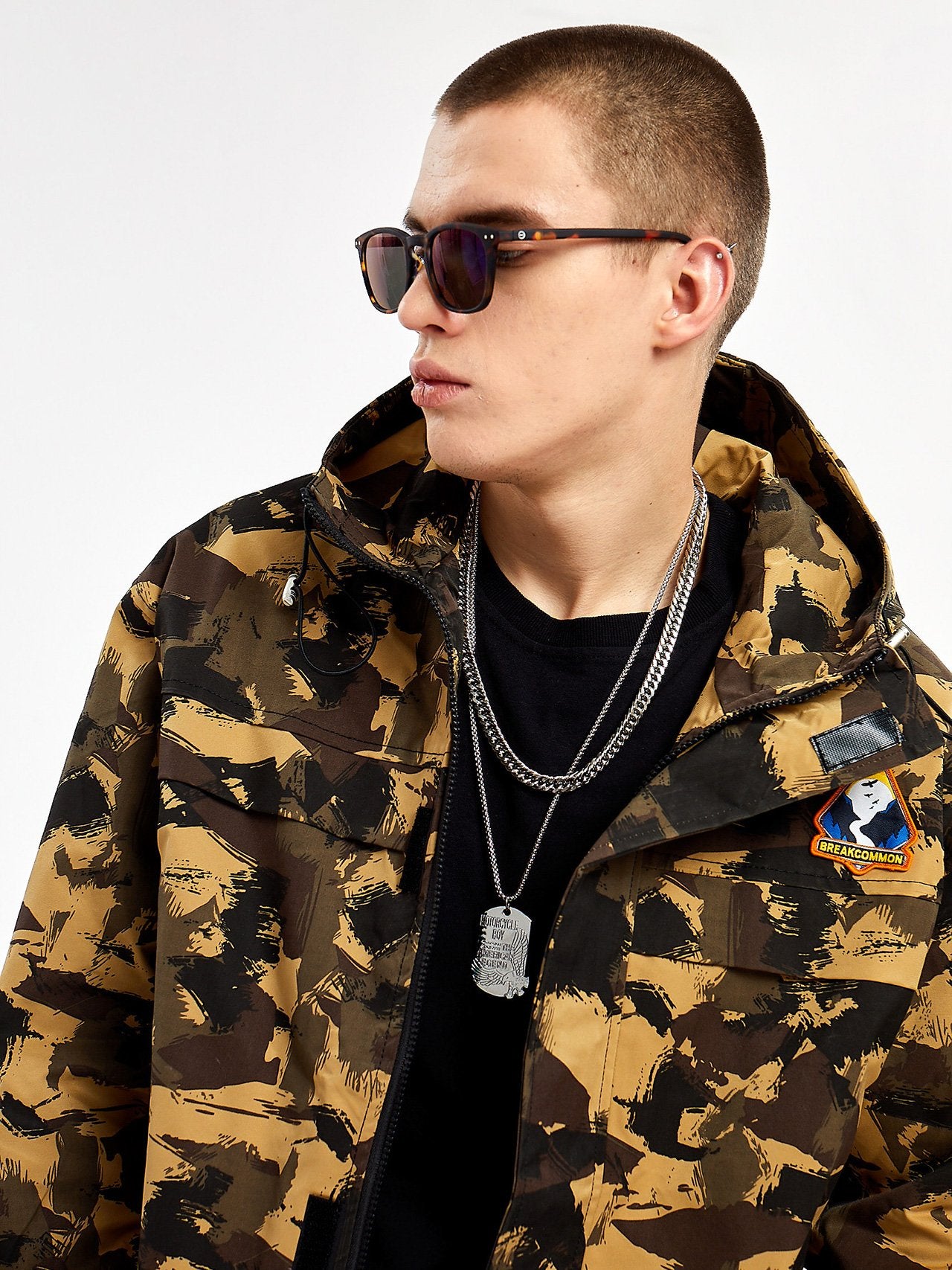 JUSTNOTAG Camo Cotton Stand Collar Hooded Jacket