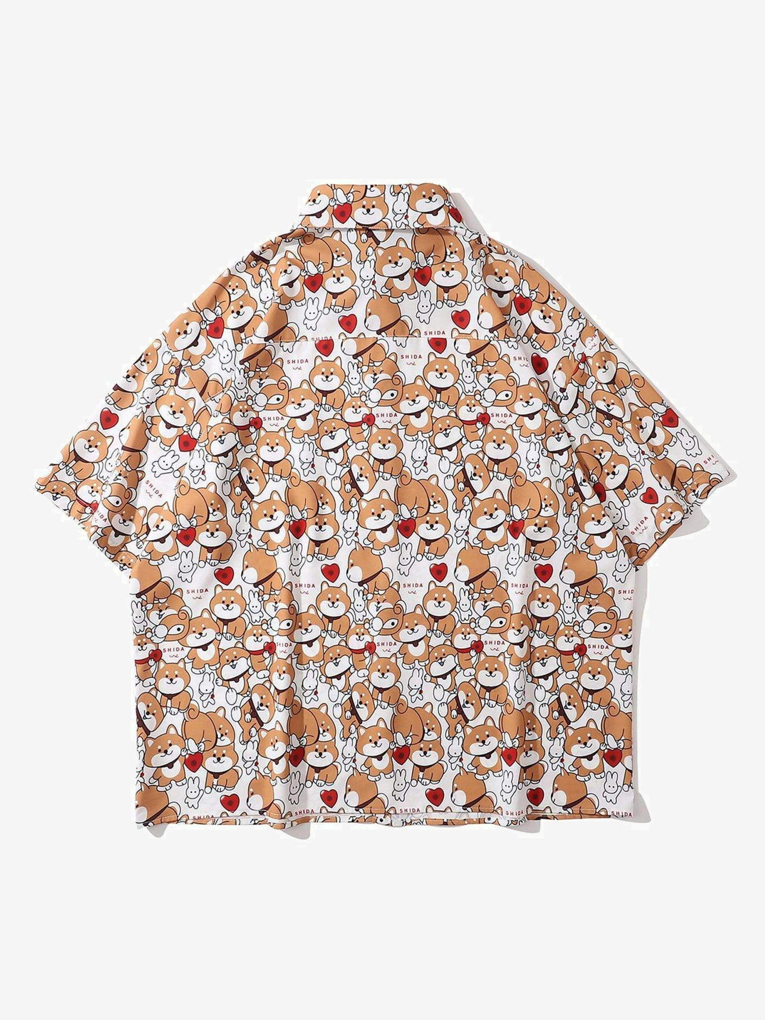 JUSTNOTAG Cartoon Dog Full Print Resort style Short Sleeved Shirt