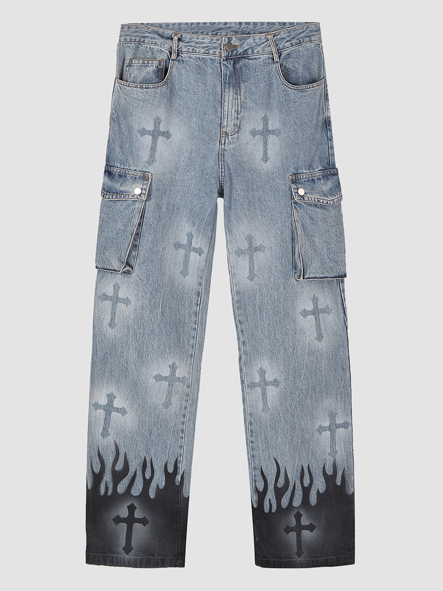 JUSTNOTAG Multi Pockets Flame Cross Color Block Jeans