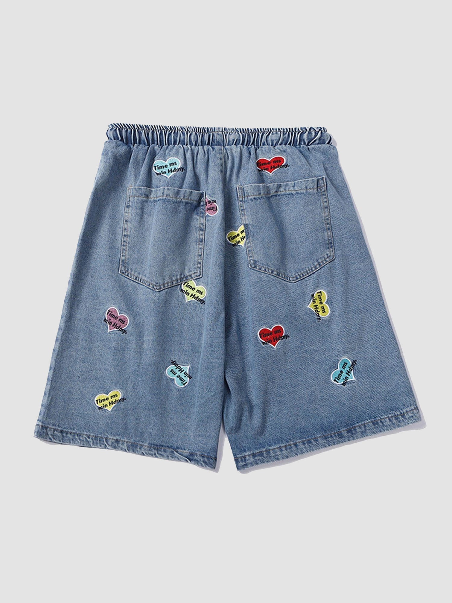 JUSTNOTAG Love Embroidered Full Print Denim Shorts Drawstring Waist Shorts