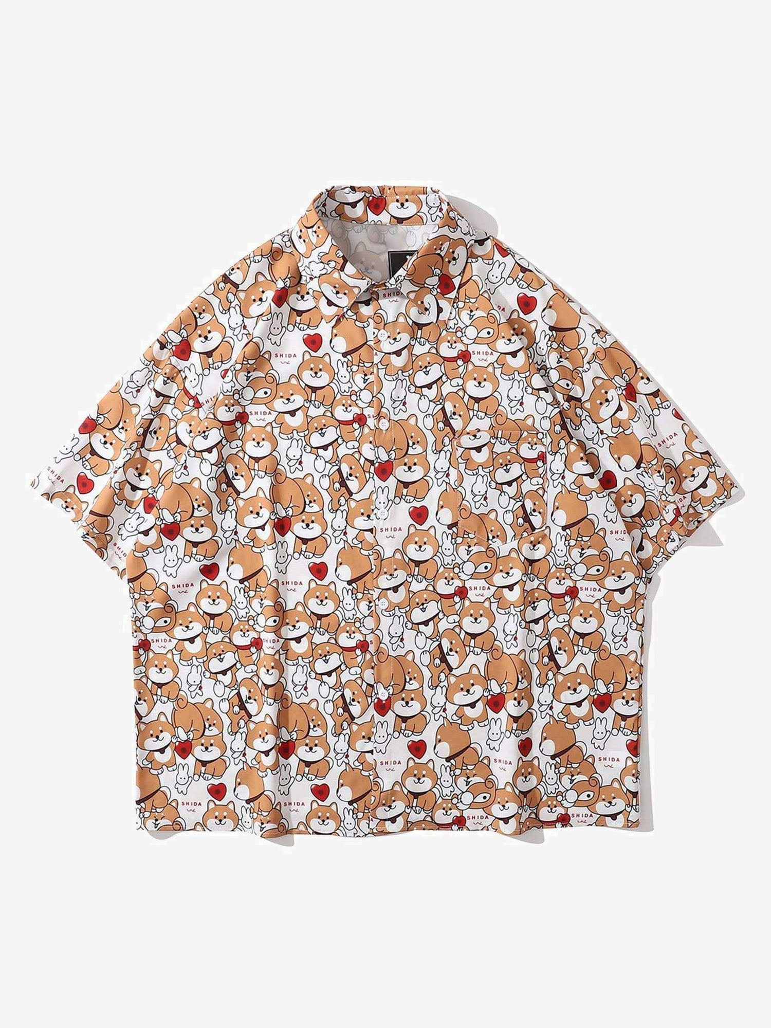JUSTNOTAG Cartoon Dog Full Print Resort style Short Sleeved Shirt