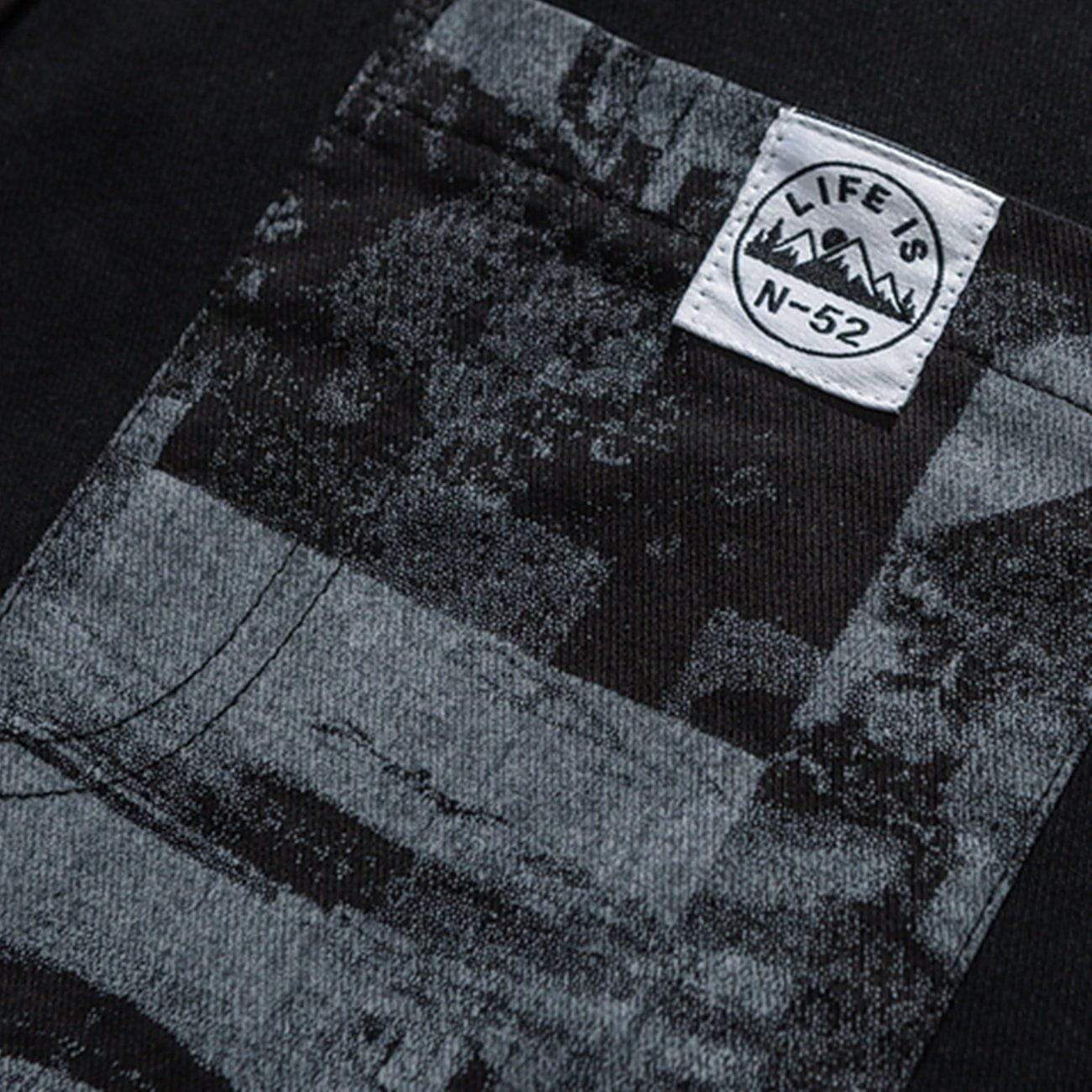 JUSTNOTAG Retro Black White Print Stitch Plain Color Tooling Shirt