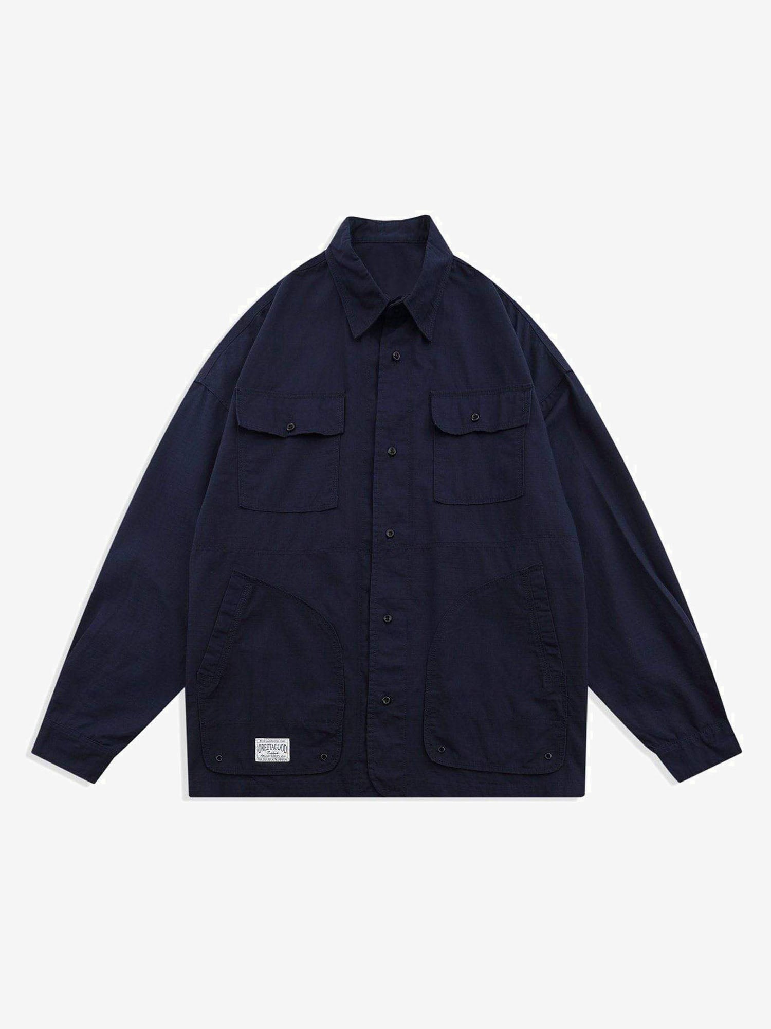 JUSTNOTAG  Multi-Pocket Plain Long Regular Sleeve Shirt