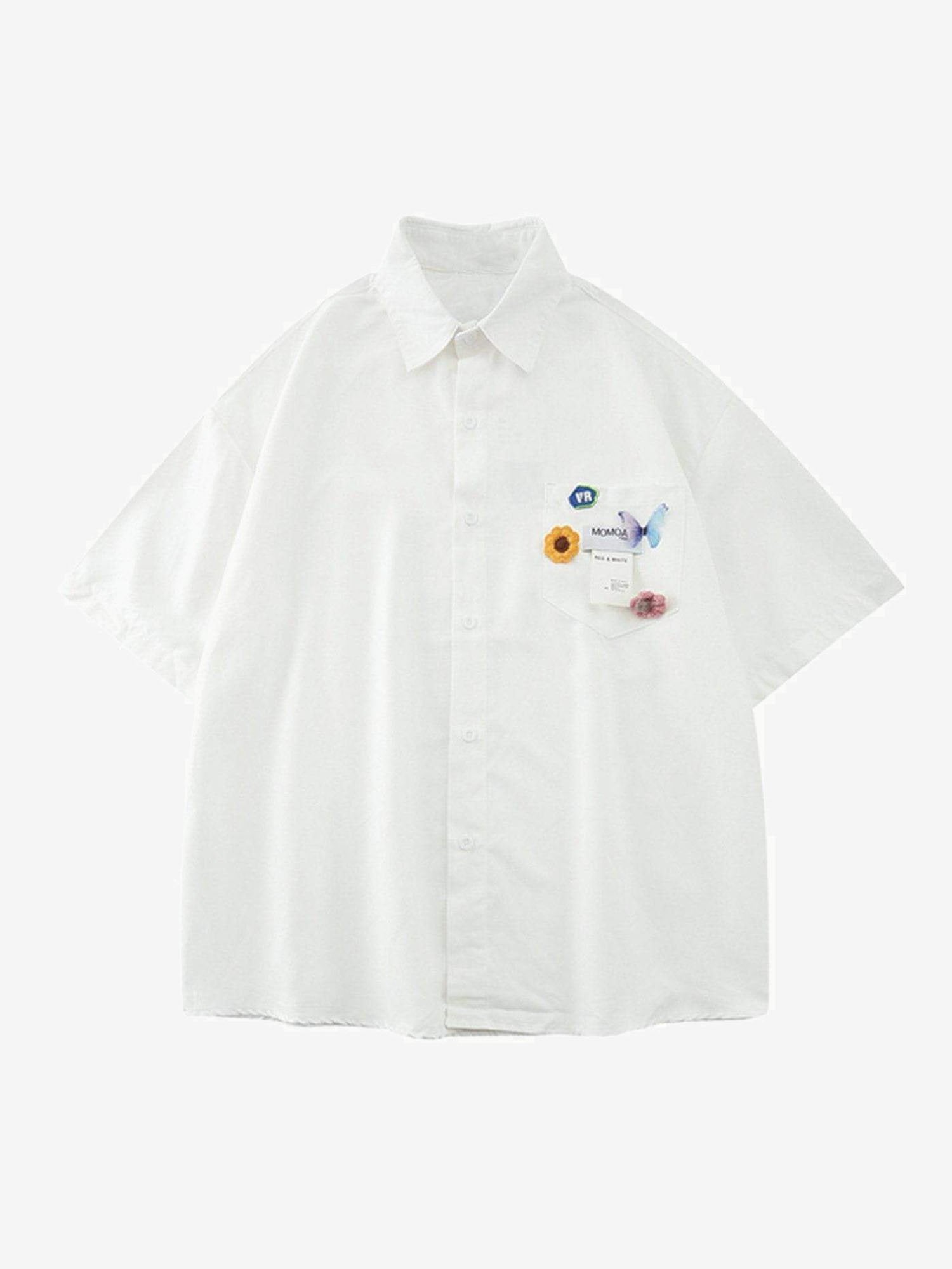 JUSTNOTAG Butterfly Embroidered Pocket Short Sleeve Shirt
