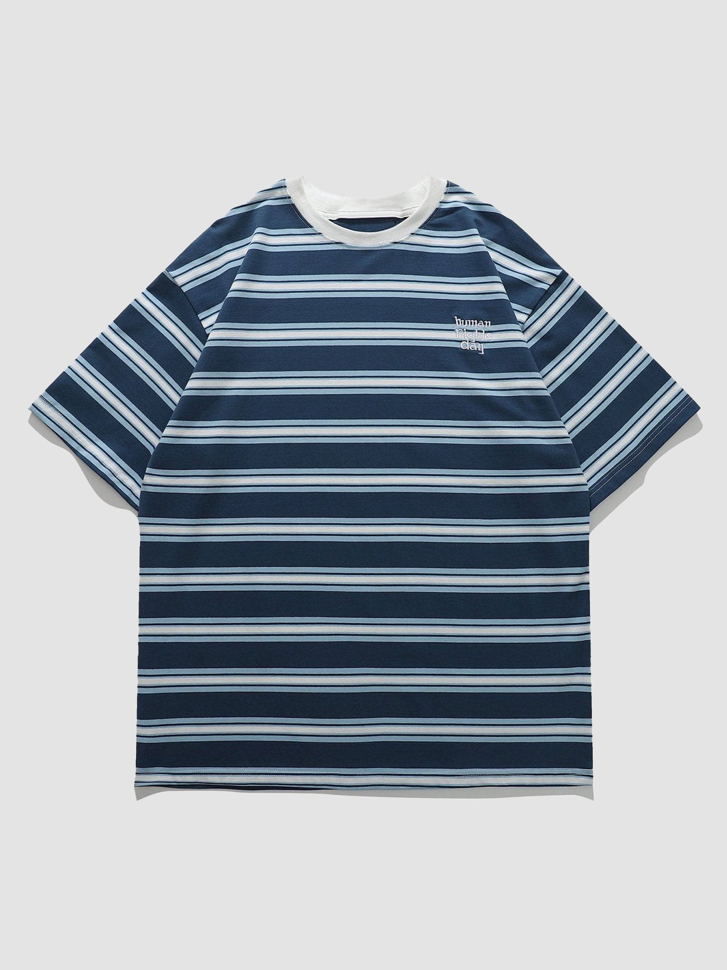 JUSTNOTAG Embroidered Striped Panel Short Sleeve Tee