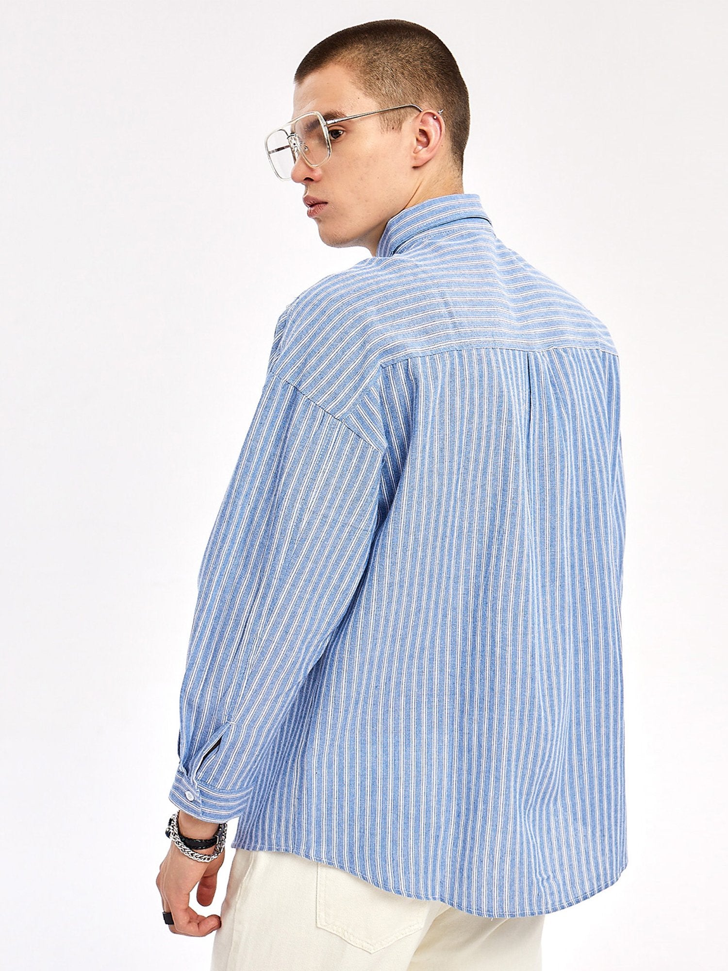 Cotton Polyester Turn-down Striped Collar Shirts for men's