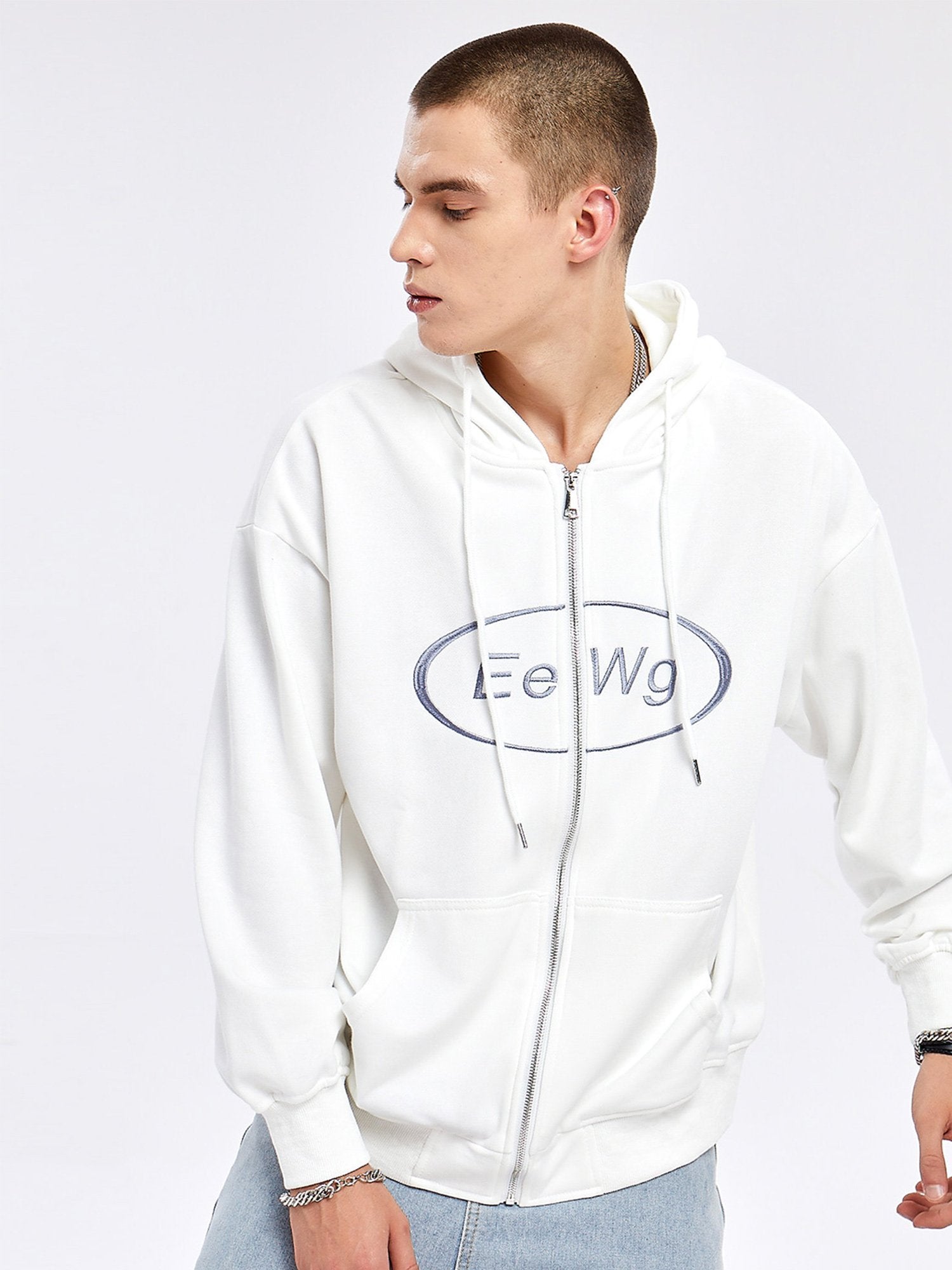 Letter Cotton Zip-Up White Hoodies for men's