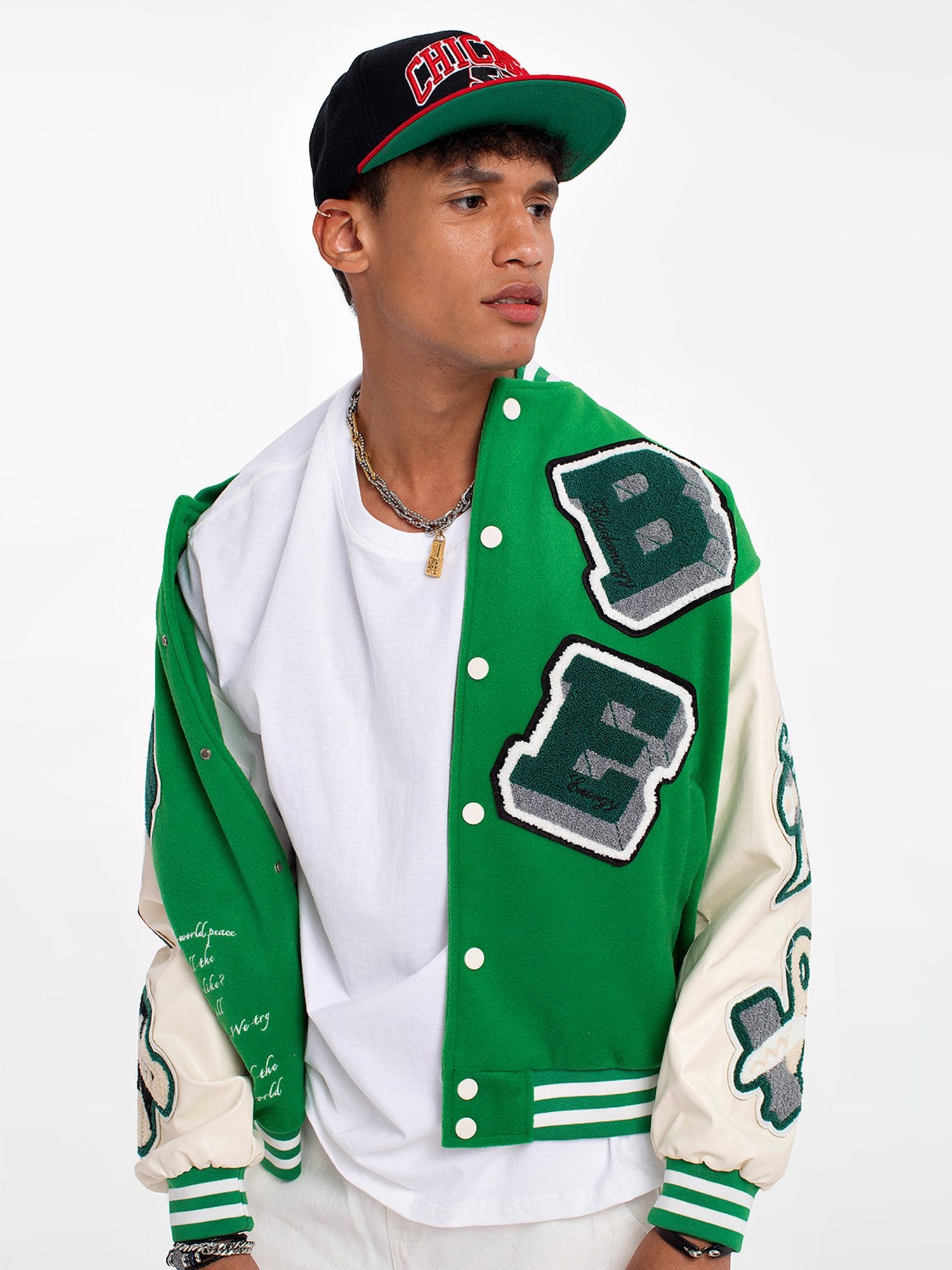 Letter Green Color Block Cotton Men's Varsity Jacket