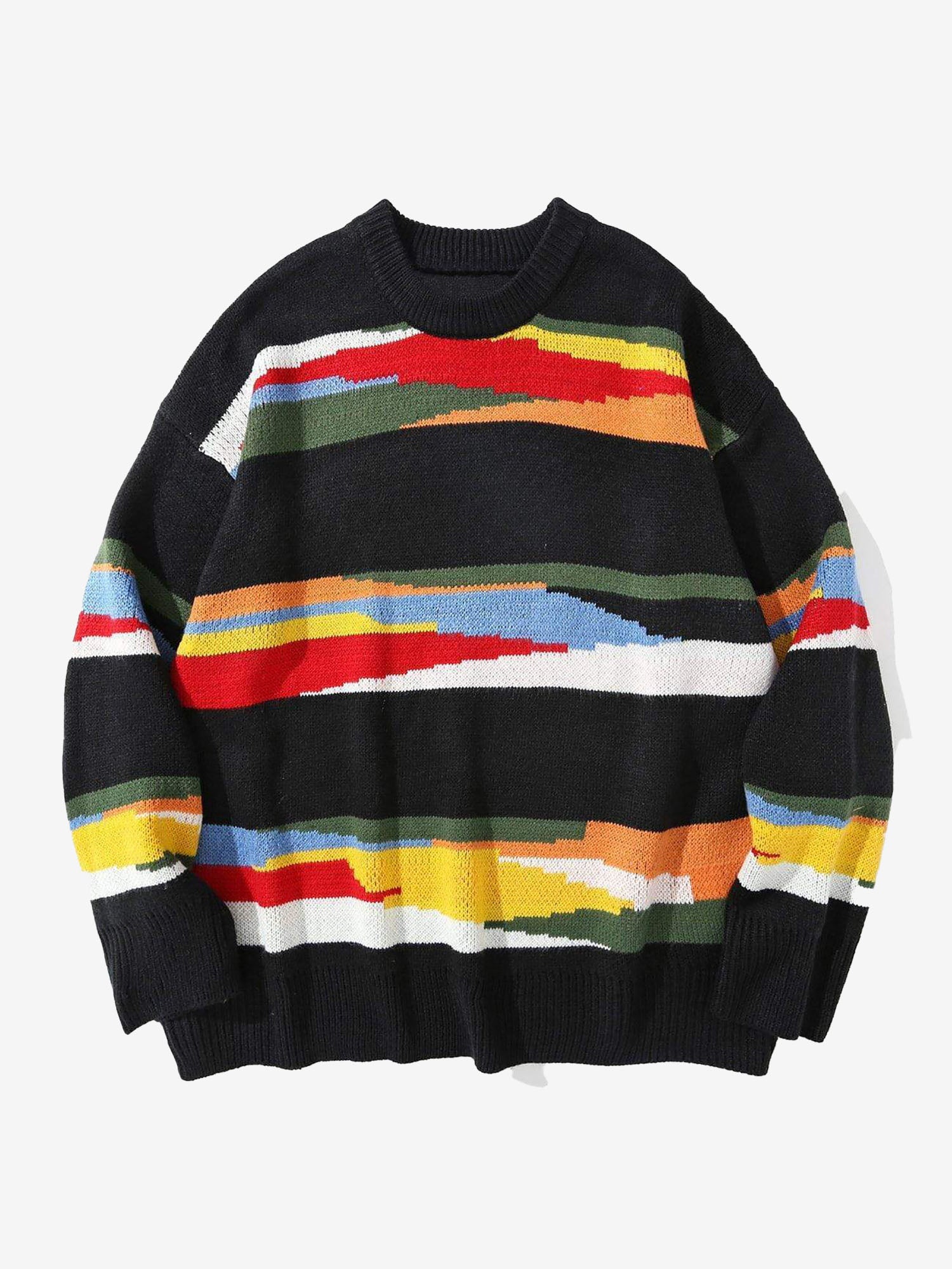 Black Irregular Striped Knitted Sweater for men's