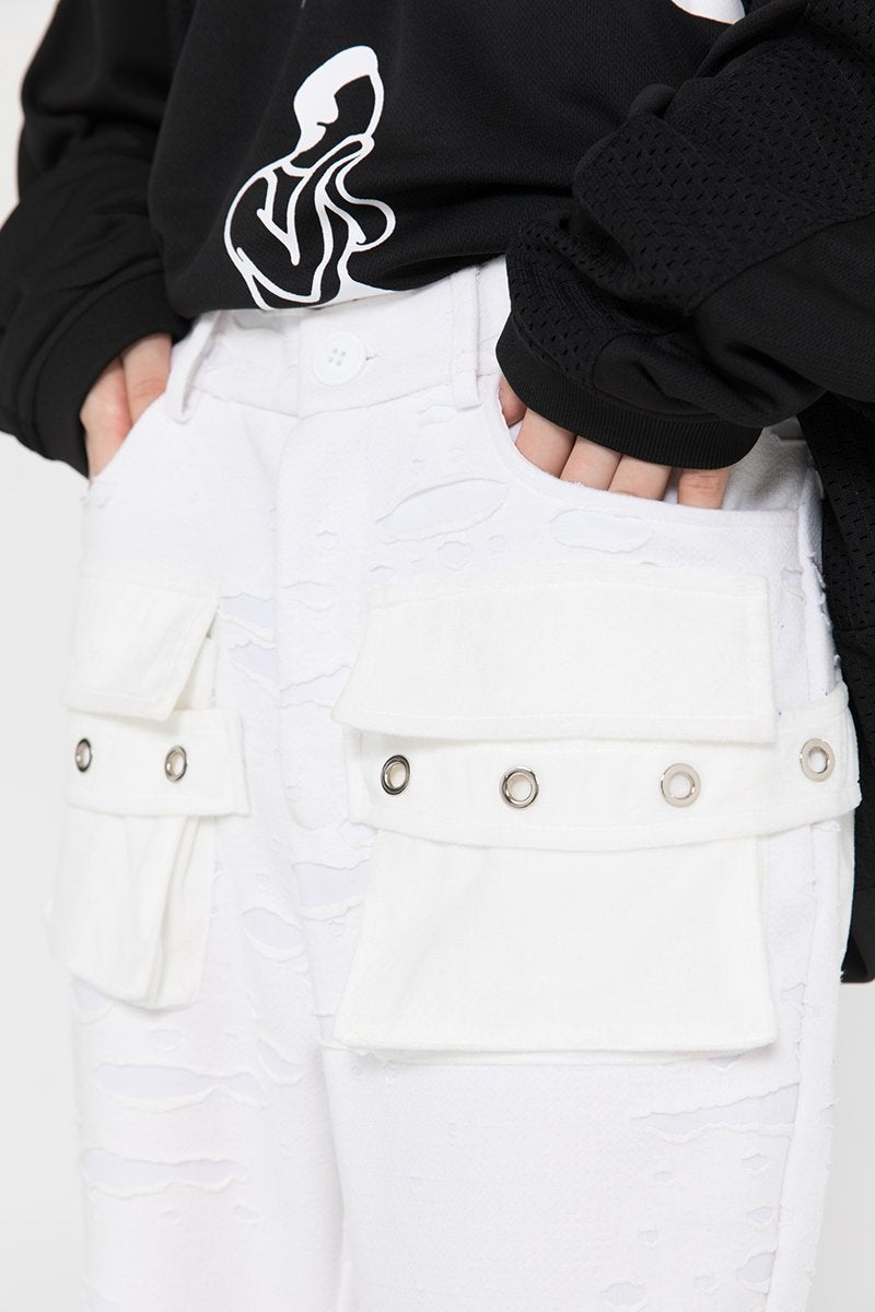 JUSTNOTAG Washed Destroyed Flare Pants Taschen Lässige Micro Flared Sweatpants Streetwear Slim Fit Zipper Joggers